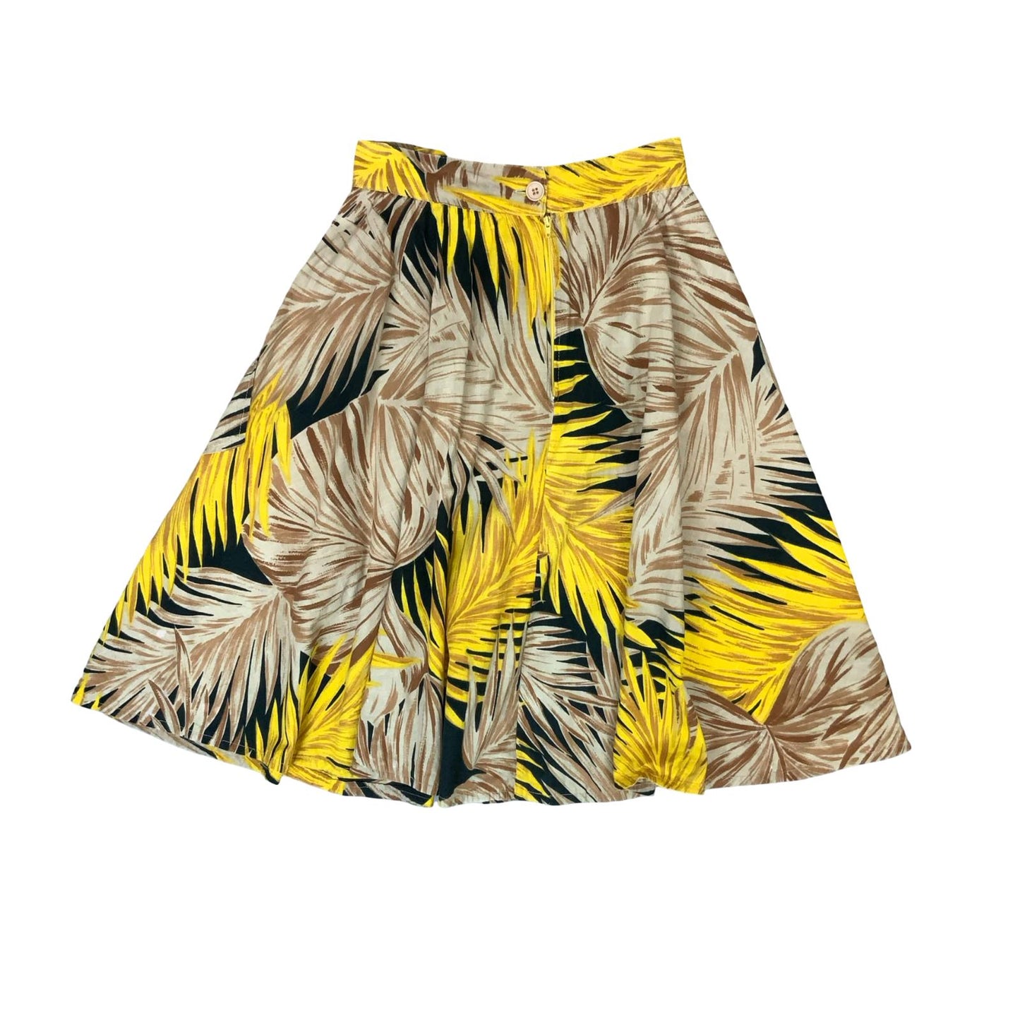 VTG HIGH-WAISTED BROWN YELLOW BLACK BOTANICAL LEAF A-LINE SUMMER SKIRT UK 8