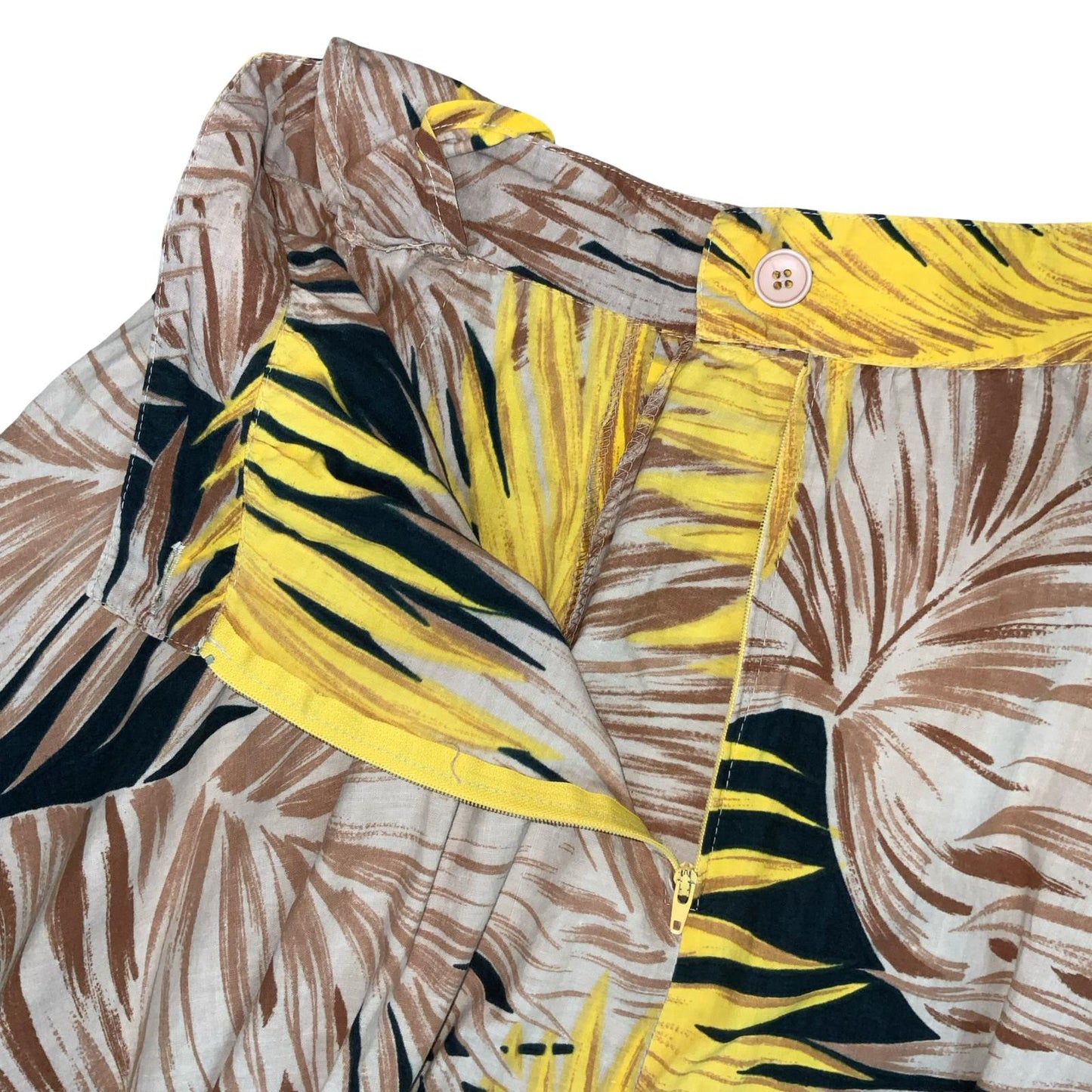 VTG HIGH-WAISTED BROWN YELLOW BLACK BOTANICAL LEAF A-LINE SUMMER SKIRT UK 8