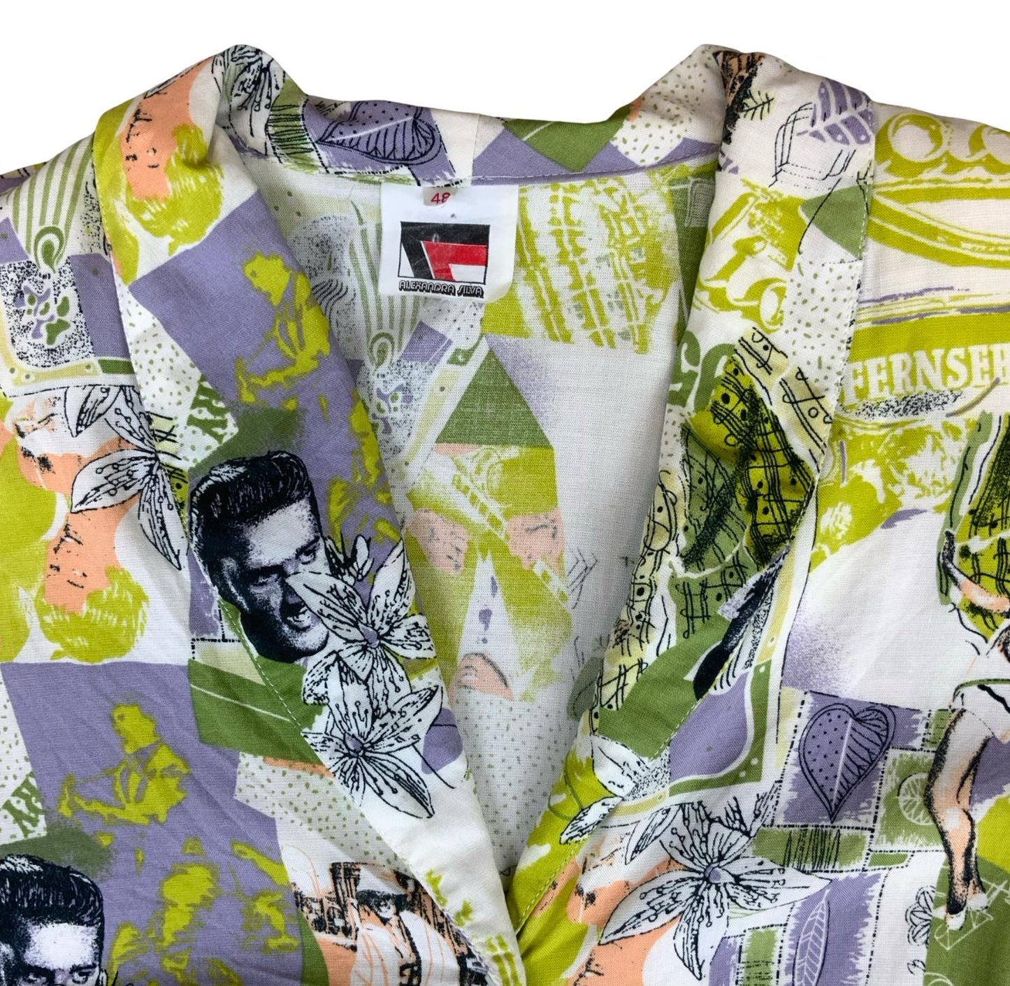 90s 'ALEXANDRA SILVA' GREEN WHITE 1956 NOVELTY GRAPHIC CROPPED BLOUSE UK 16