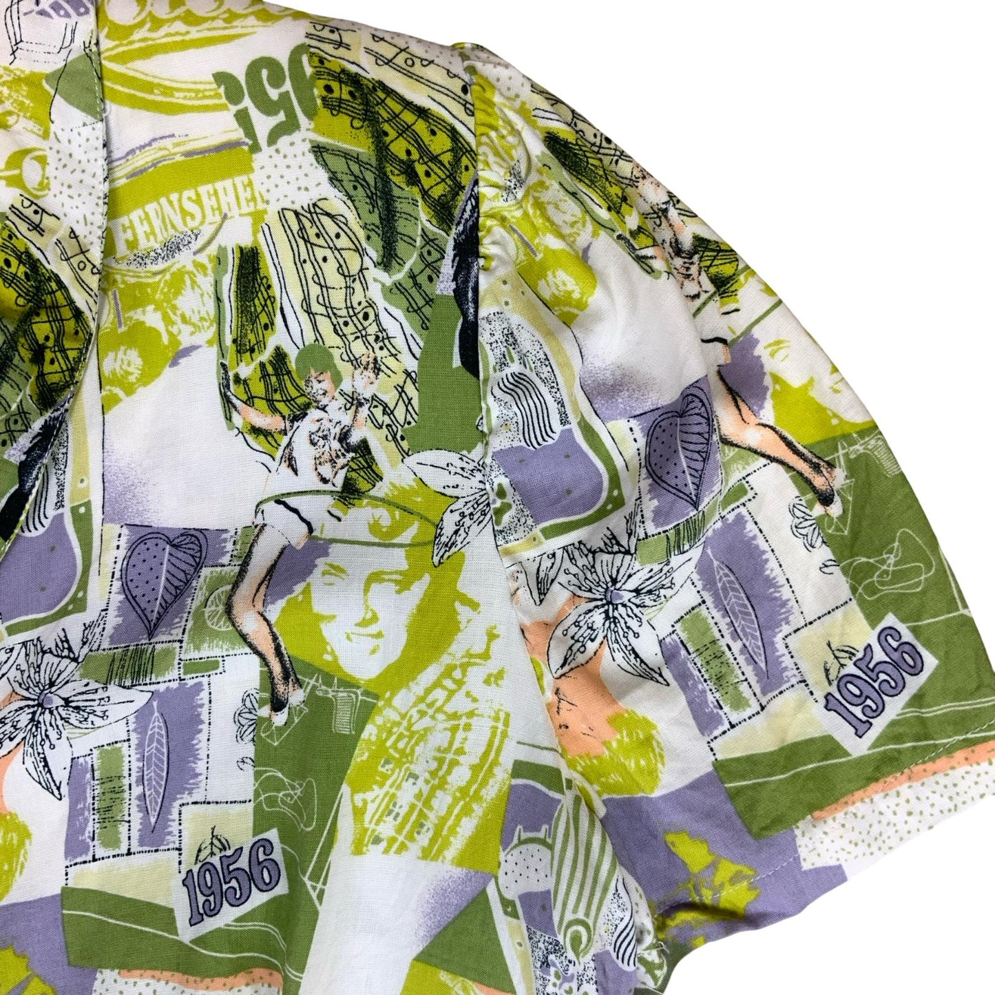 90s 'ALEXANDRA SILVA' GREEN WHITE 1956 NOVELTY GRAPHIC CROPPED BLOUSE UK 16