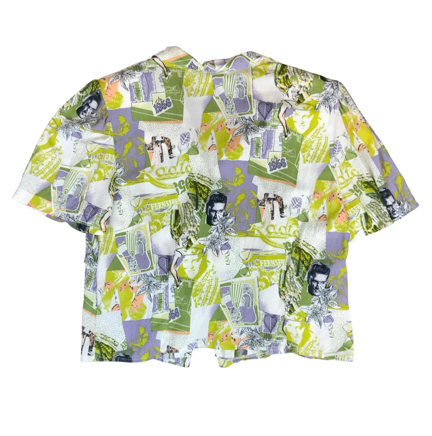 90s 'ALEXANDRA SILVA' GREEN WHITE 1956 NOVELTY GRAPHIC CROPPED BLOUSE UK 16