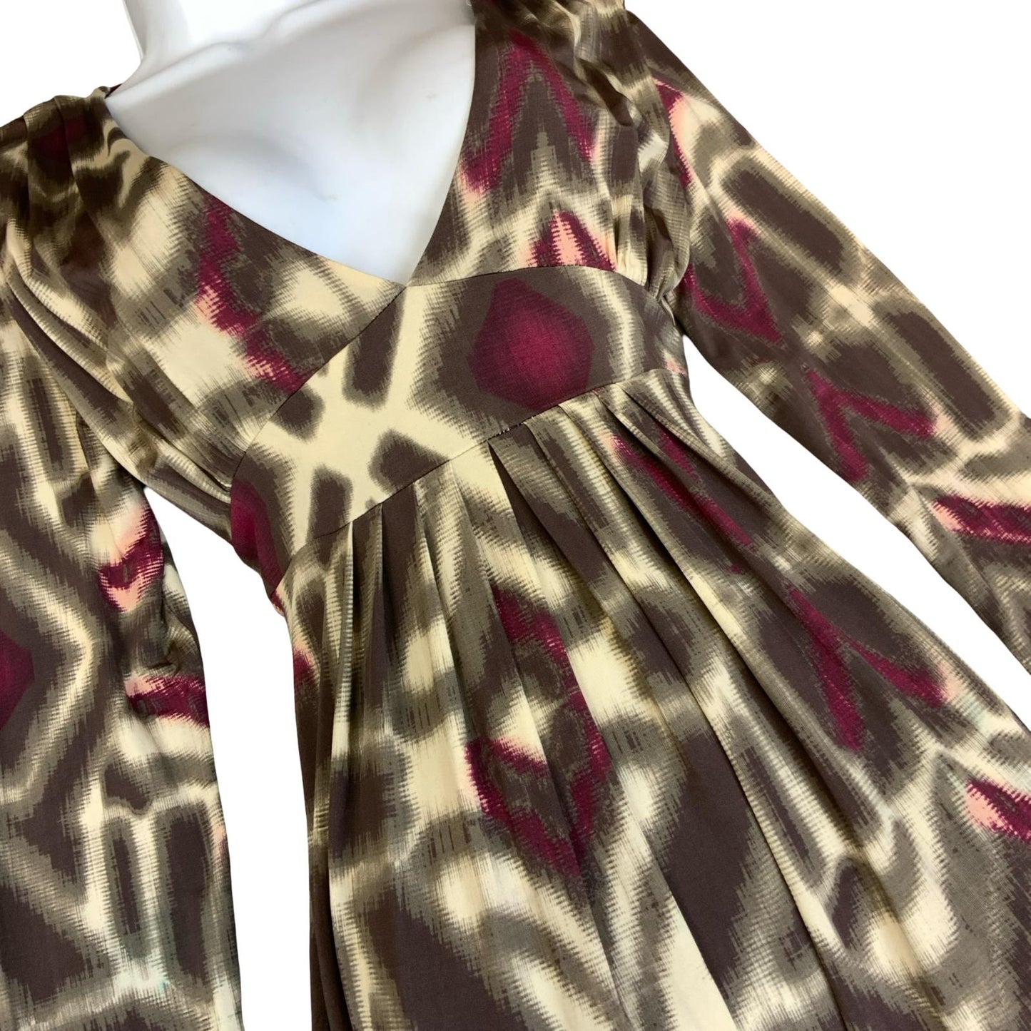 VTG 90s 'MORGAN' BROWN PURPLE GEOMETRIC PRINTED WRAP FRONT PLEATED MIDI DRESS XS