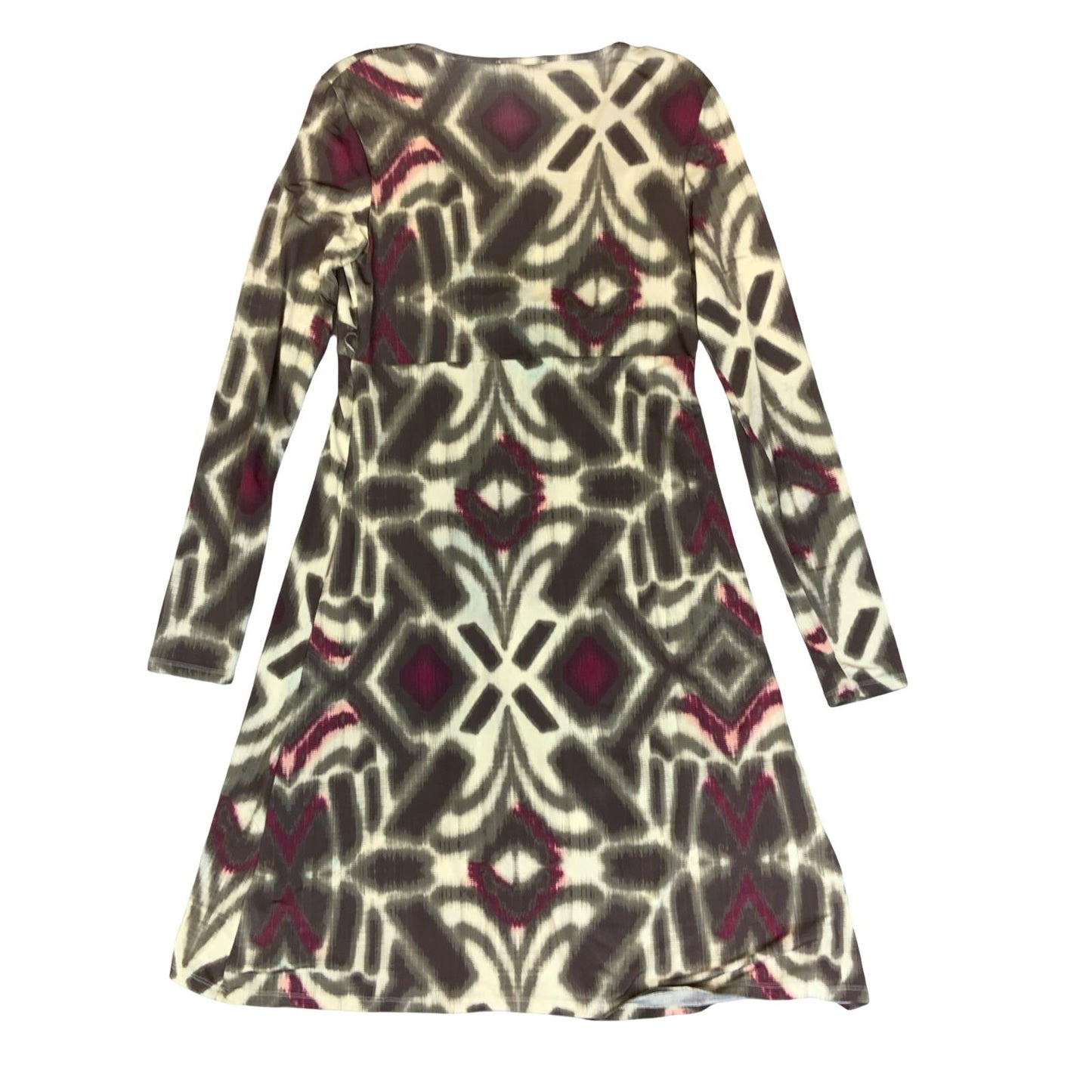 VTG 90s 'MORGAN' BROWN PURPLE GEOMETRIC PRINTED WRAP FRONT PLEATED MIDI DRESS XS