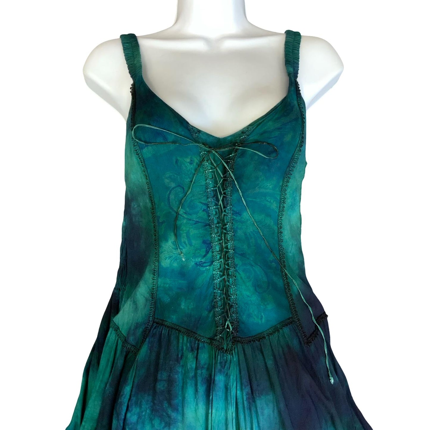 VTG 90s y2k 'MCL' GREEN BLUE BLACK TIE-DYE HIPPIE BOHO SUMMER BEACH DRESS S 10