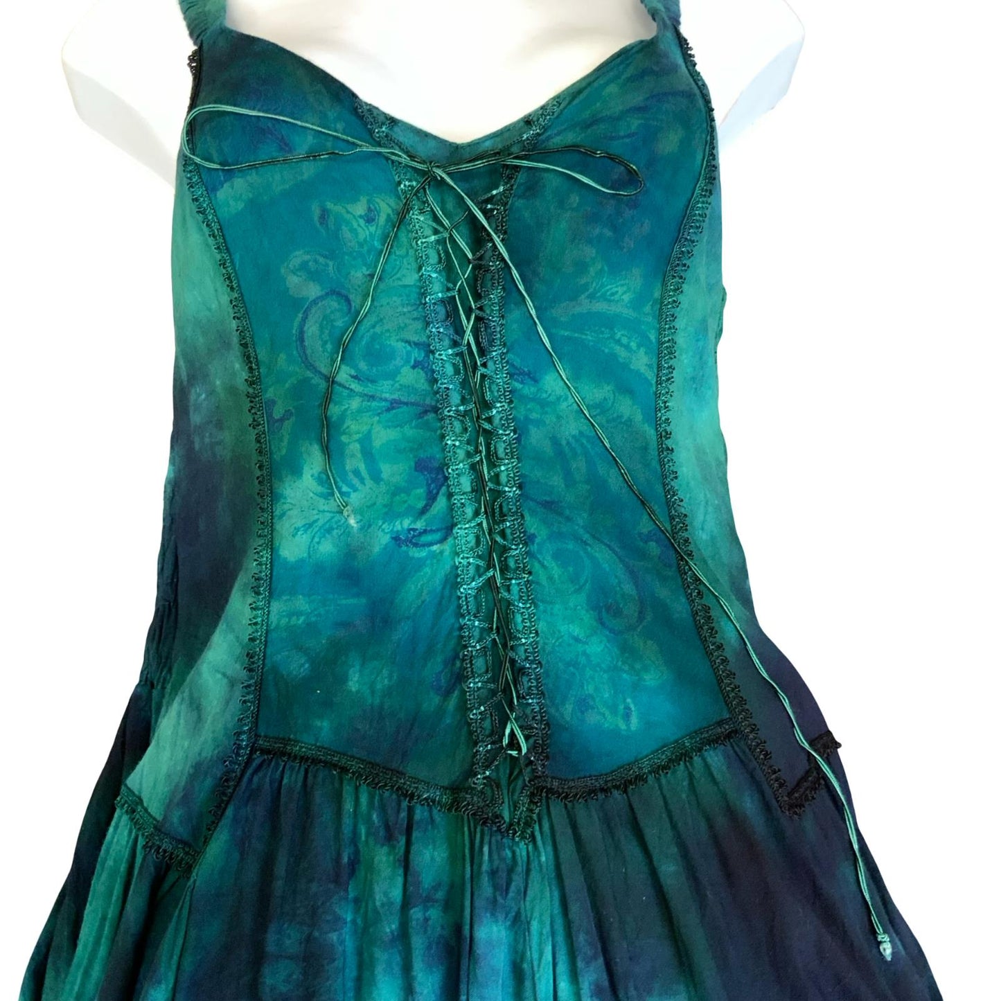 VTG 90s y2k 'MCL' GREEN BLUE BLACK TIE-DYE HIPPIE BOHO SUMMER BEACH DRESS S 10