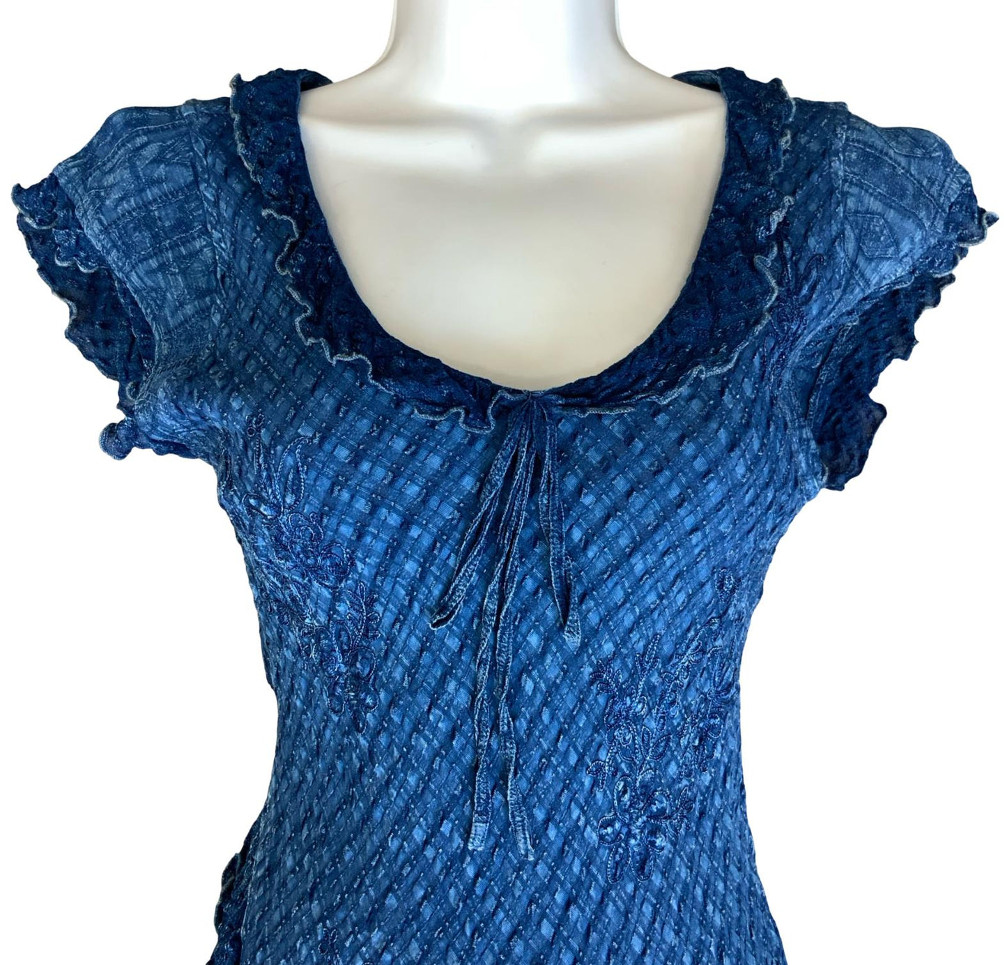 VTG 90s does 70s 'COLINE' BLUE BOHO HIPPIE TIERED RUFFLE TEXTURED MIDI DRESS S 8