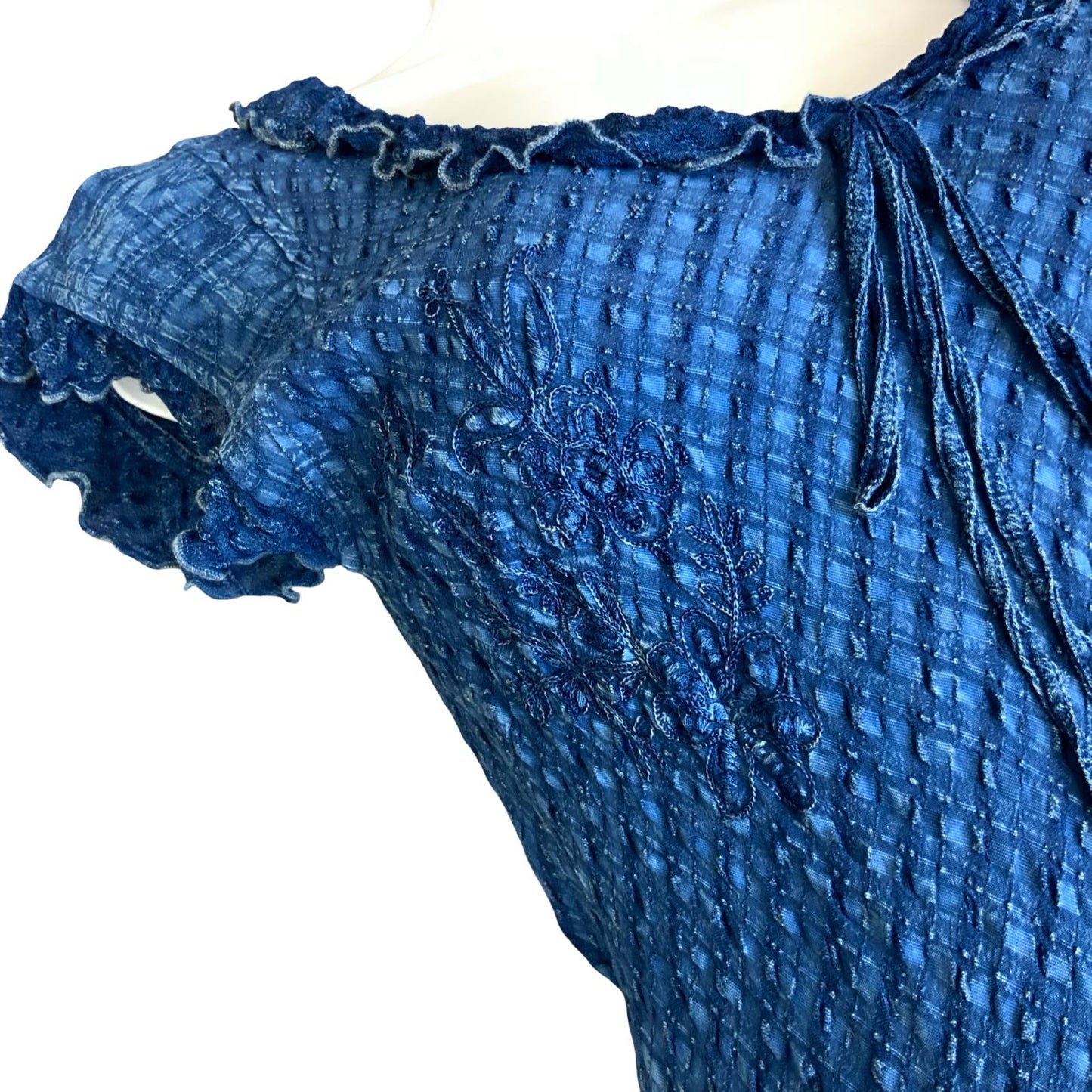 VTG 90s does 70s 'COLINE' BLUE BOHO HIPPIE TIERED RUFFLE TEXTURED MIDI DRESS S 8