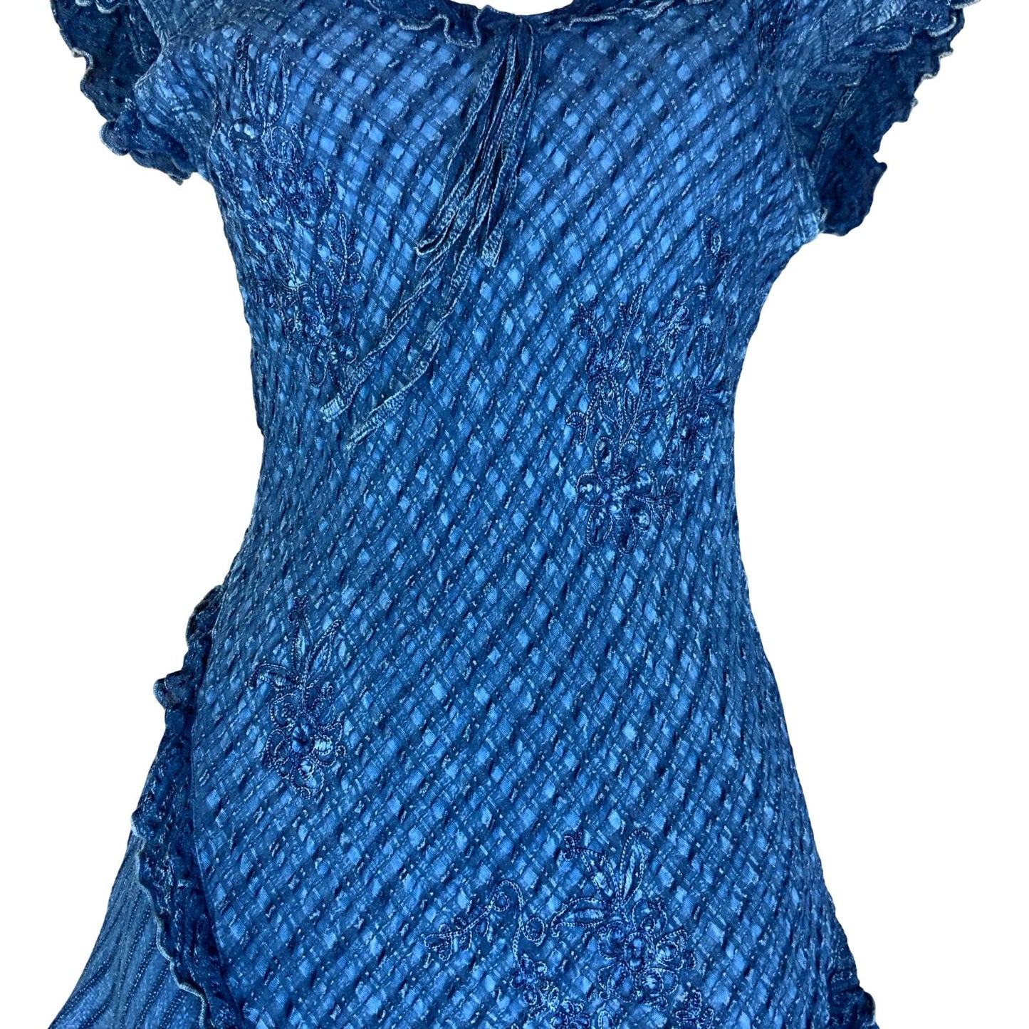 VTG 90s does 70s 'COLINE' BLUE BOHO HIPPIE TIERED RUFFLE TEXTURED MIDI DRESS S 8