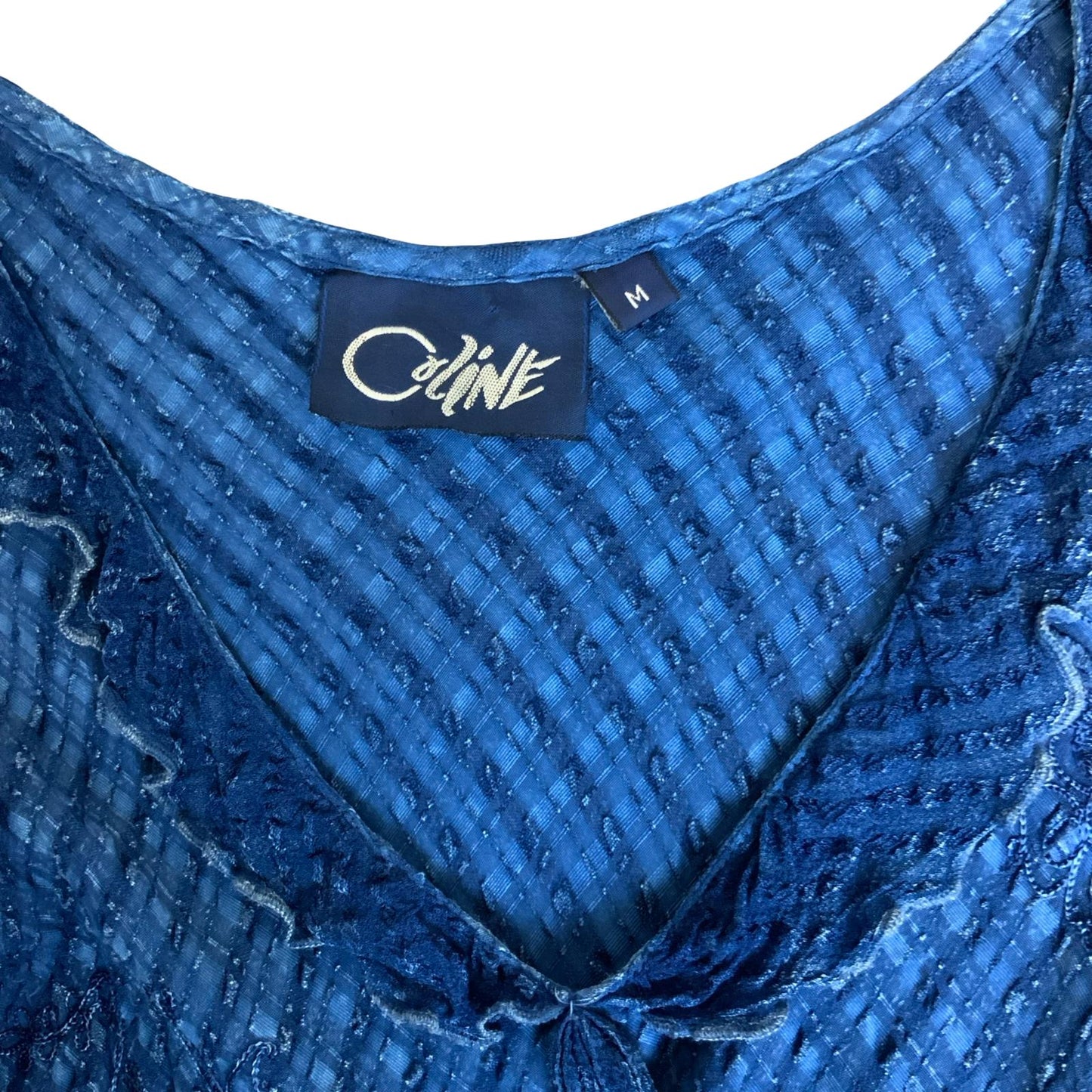 VTG 90s does 70s 'COLINE' BLUE BOHO HIPPIE TIERED RUFFLE TEXTURED MIDI DRESS S 8