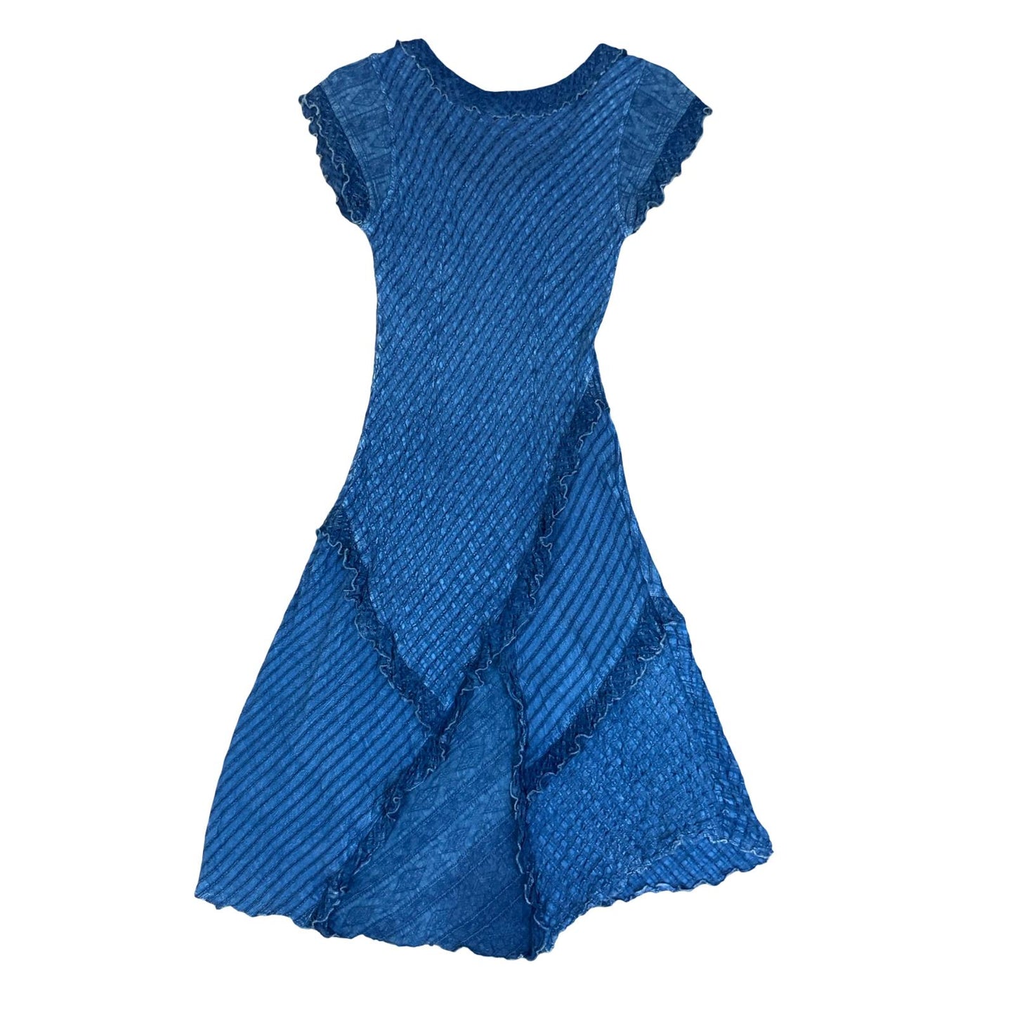 VTG 90s does 70s 'COLINE' BLUE BOHO HIPPIE TIERED RUFFLE TEXTURED MIDI DRESS S 8