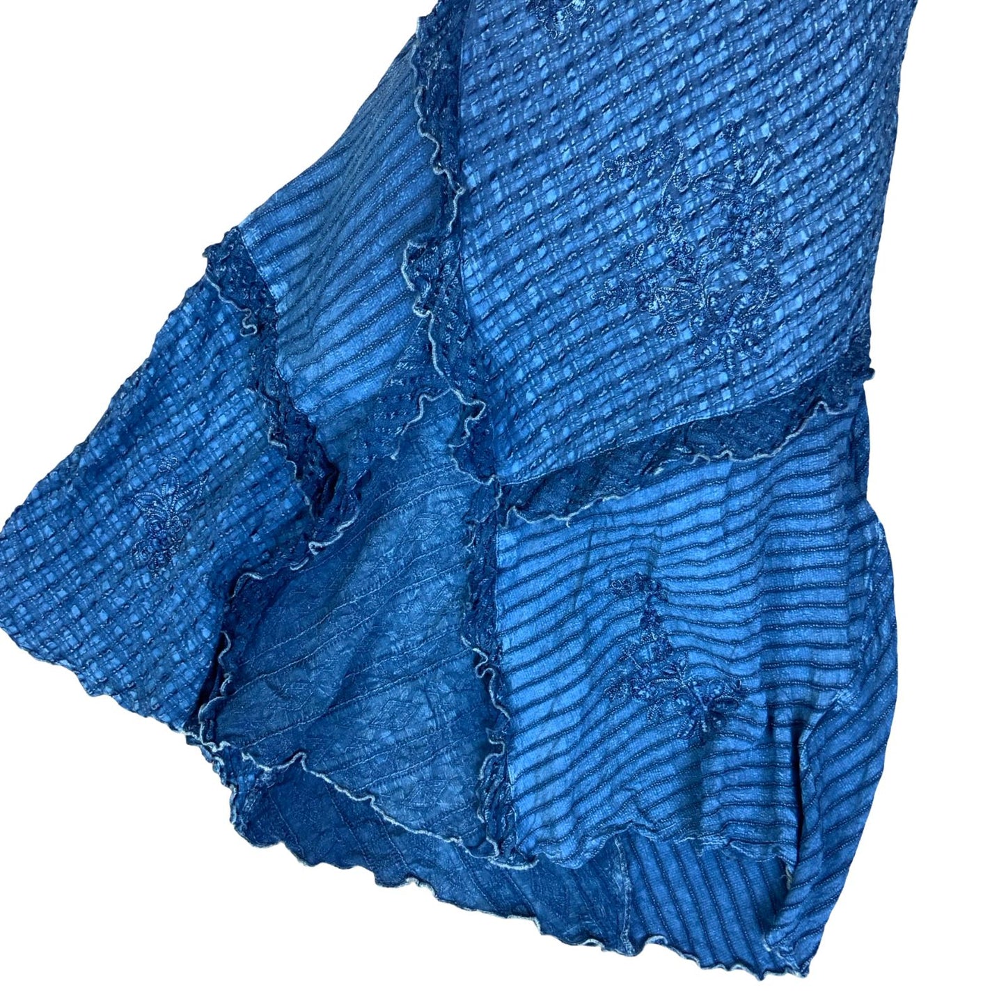 VTG 90s does 70s 'COLINE' BLUE BOHO HIPPIE TIERED RUFFLE TEXTURED MIDI DRESS S 8