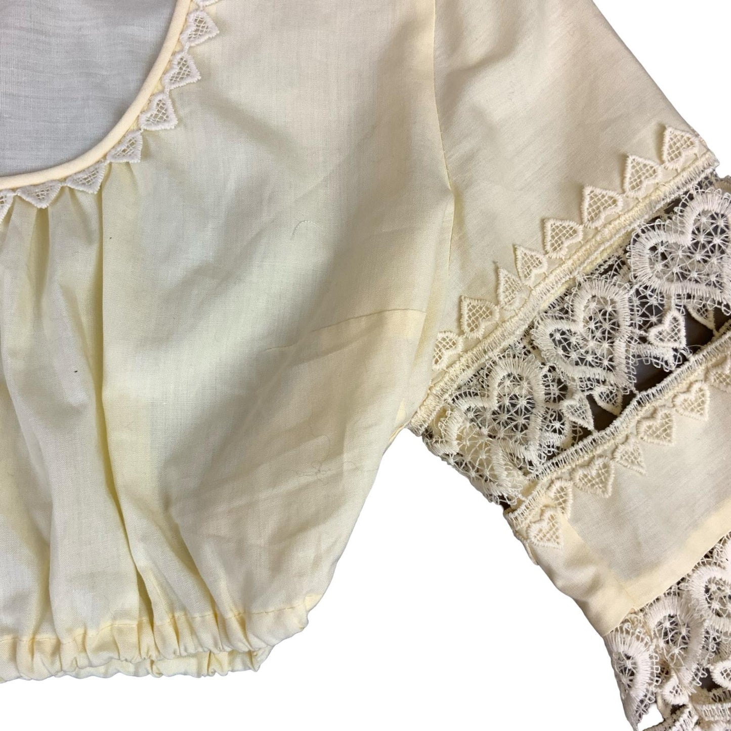 VTG 70s OFF-WHITE CREAM BOHO CROPPED DIRNDL BAVARIAN EMBROIDERED BLOUSE S 10