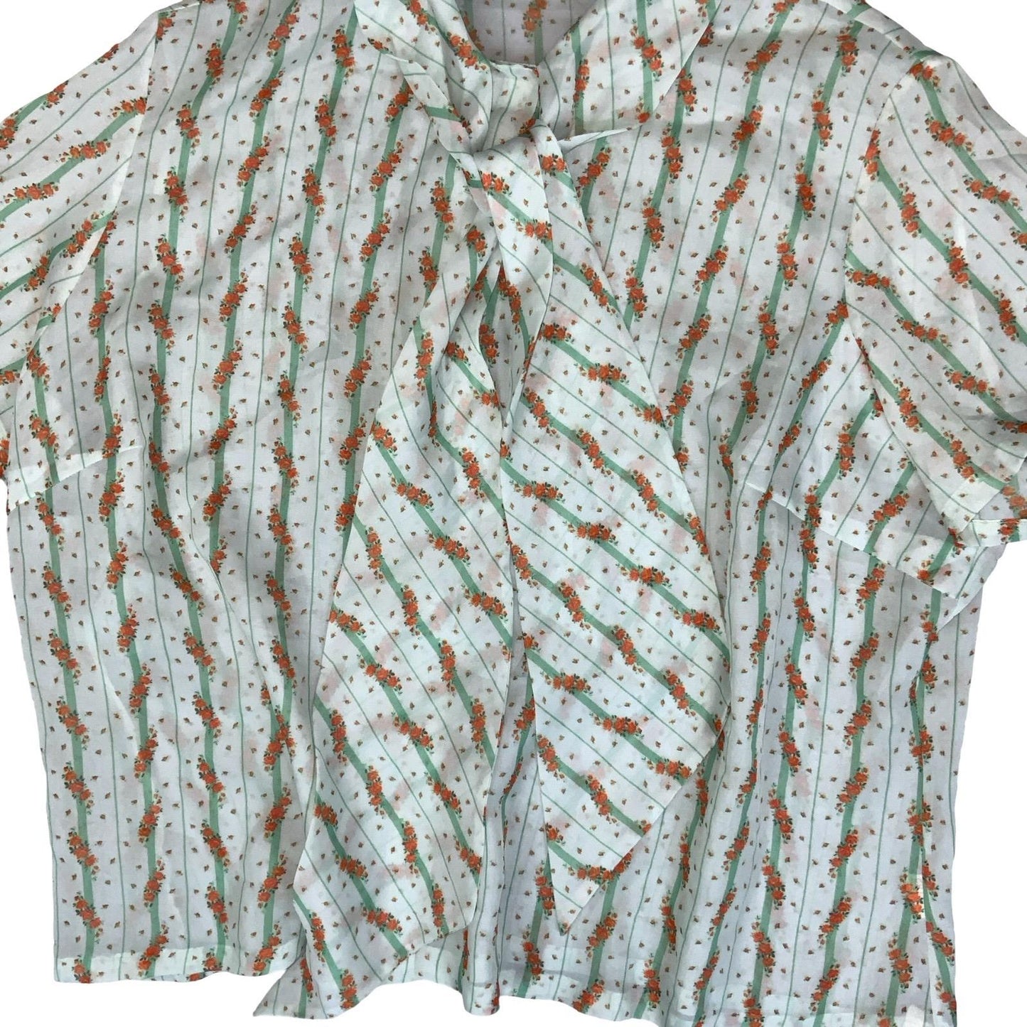 VTG 70S 'DANILLA' GREEN ORANGE STRIPE FLORAL BOW TIE SHORT SLEEVE BLOUSE 3XL 22