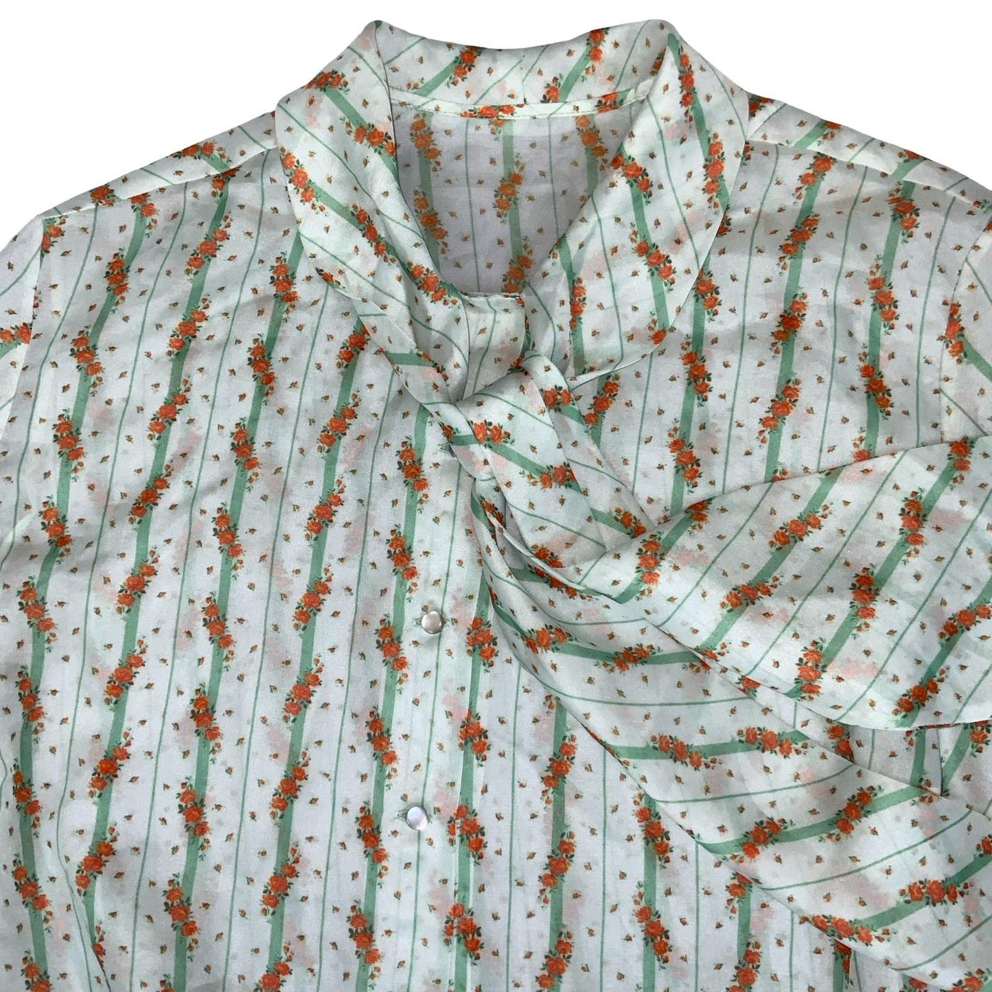 VTG 70S 'DANILLA' GREEN ORANGE STRIPE FLORAL BOW TIE SHORT SLEEVE BLOUSE 3XL 22