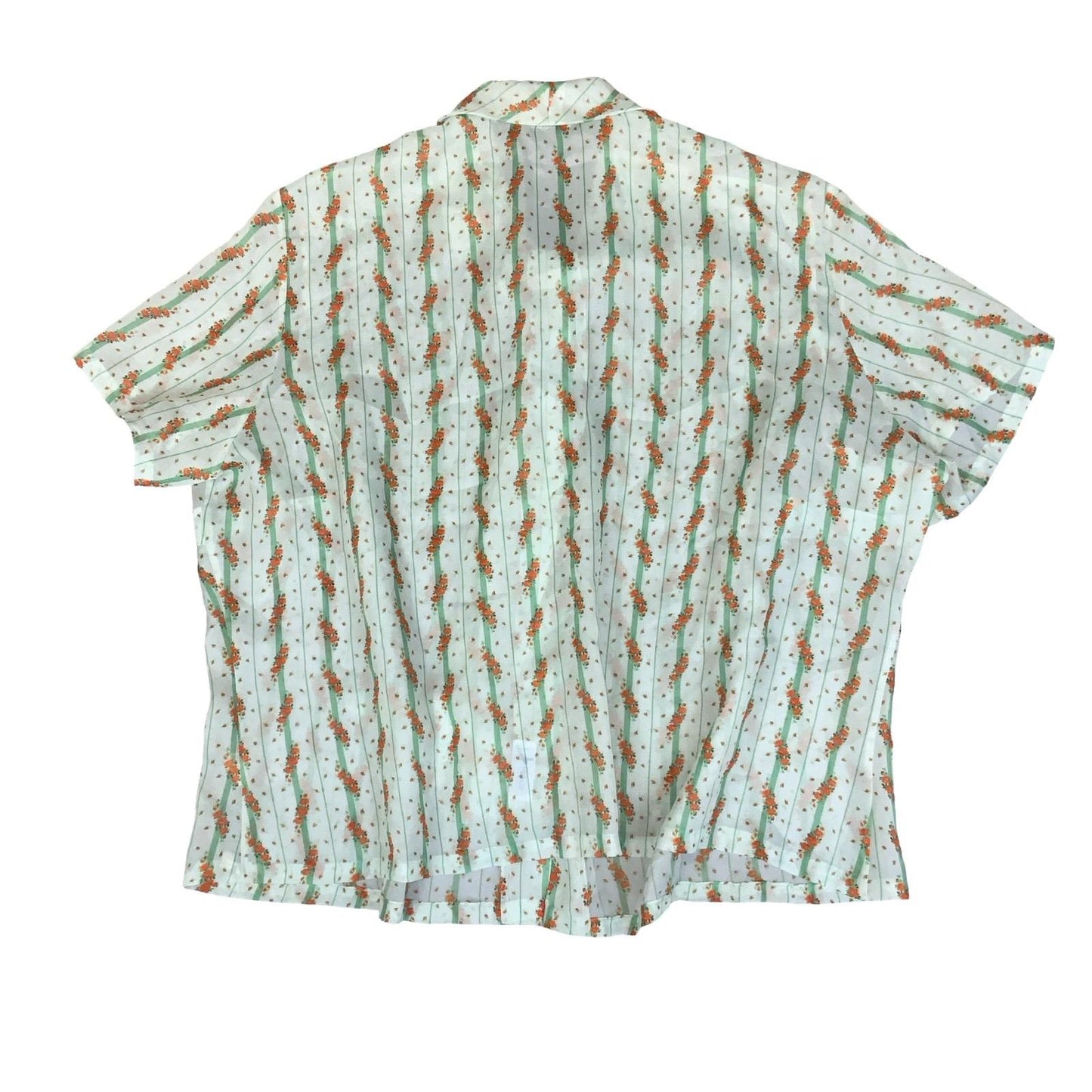 VTG 70S 'DANILLA' GREEN ORANGE STRIPE FLORAL BOW TIE SHORT SLEEVE BLOUSE 3XL 22