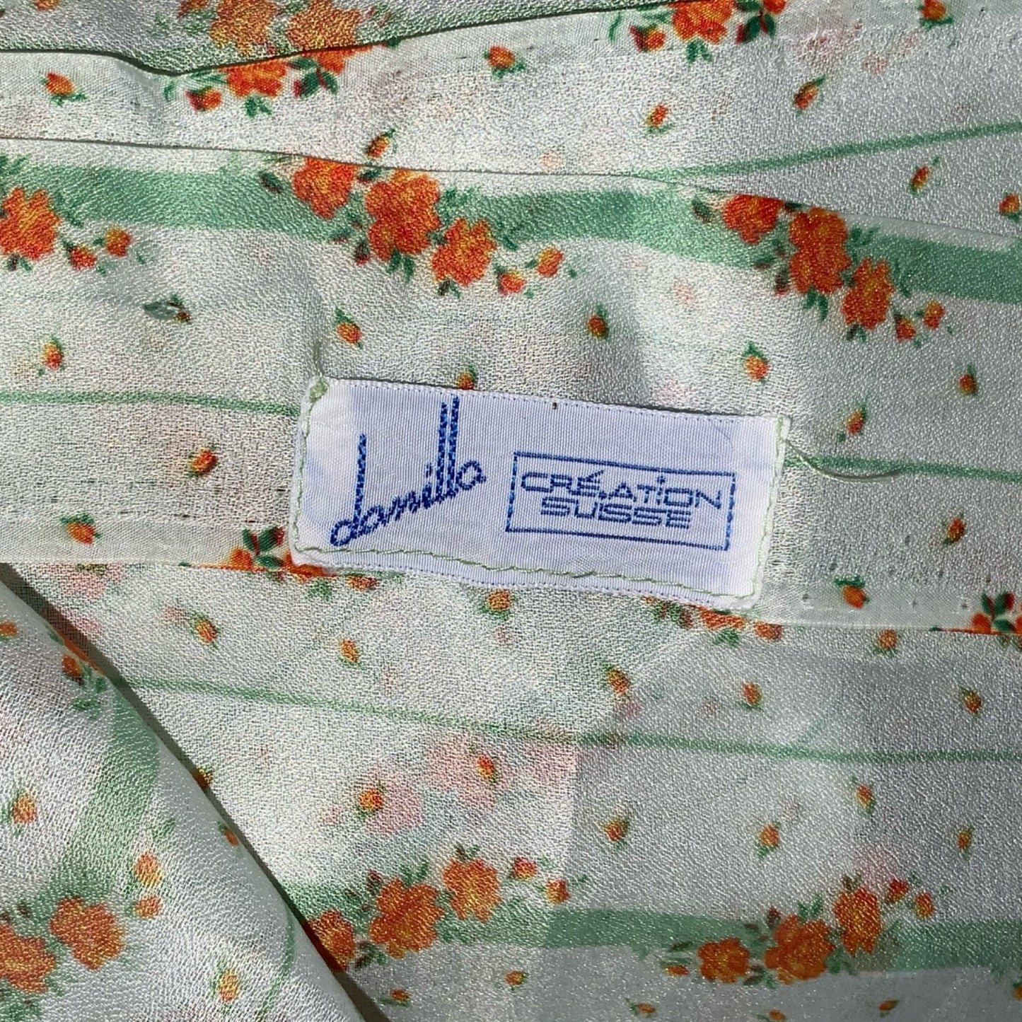 VTG 70S 'DANILLA' GREEN ORANGE STRIPE FLORAL BOW TIE SHORT SLEEVE BLOUSE 3XL 22