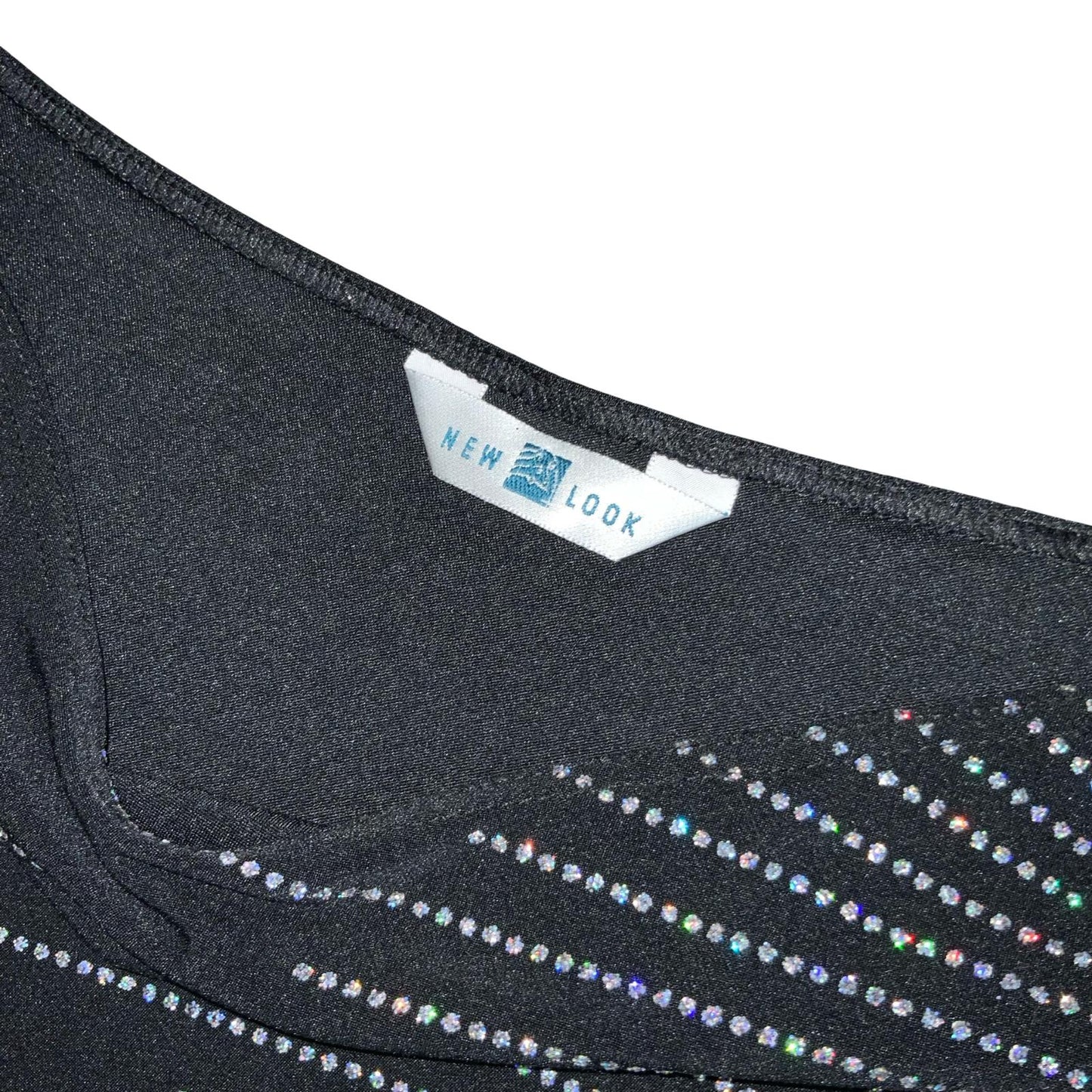 VTG 90s 'NEW LOOK' BLACK SILVER DIAMANTÉ GLAM ASYMMETRIC ONE-SHOULDER TANK TOP S