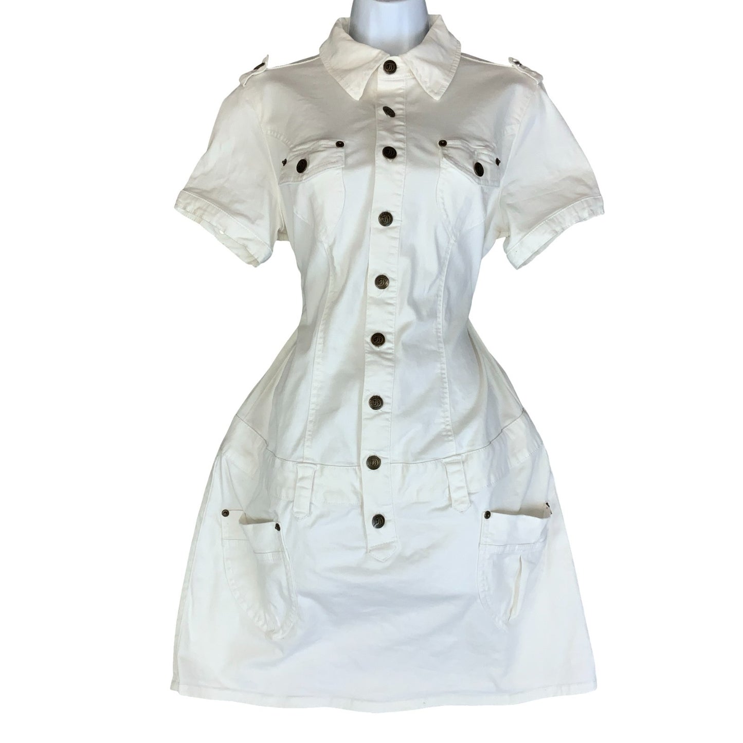 VTG 90s 'BUFFALO LONDON' WHITE DROP WAIST MINI DENIM CARGO POCKETS DRESS S M 12