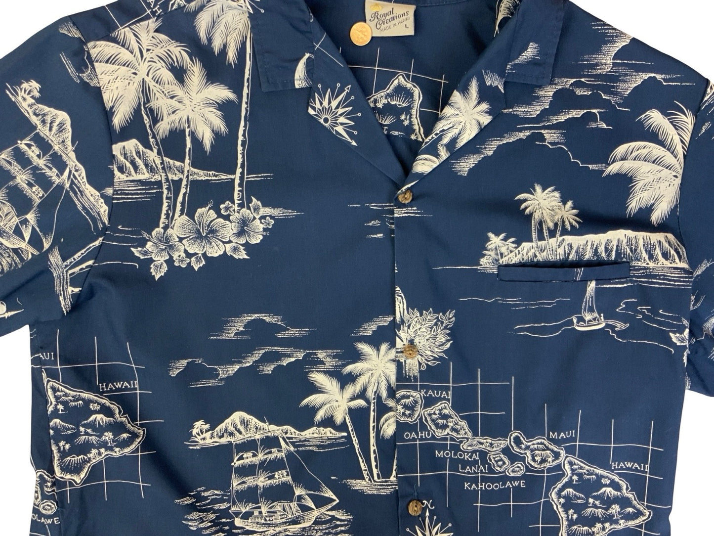 VTG ROYAL CREATIONS HAWAIIAN MADE ALOHA SHIRT COTTON TIKI ROCKABILLY LARGE