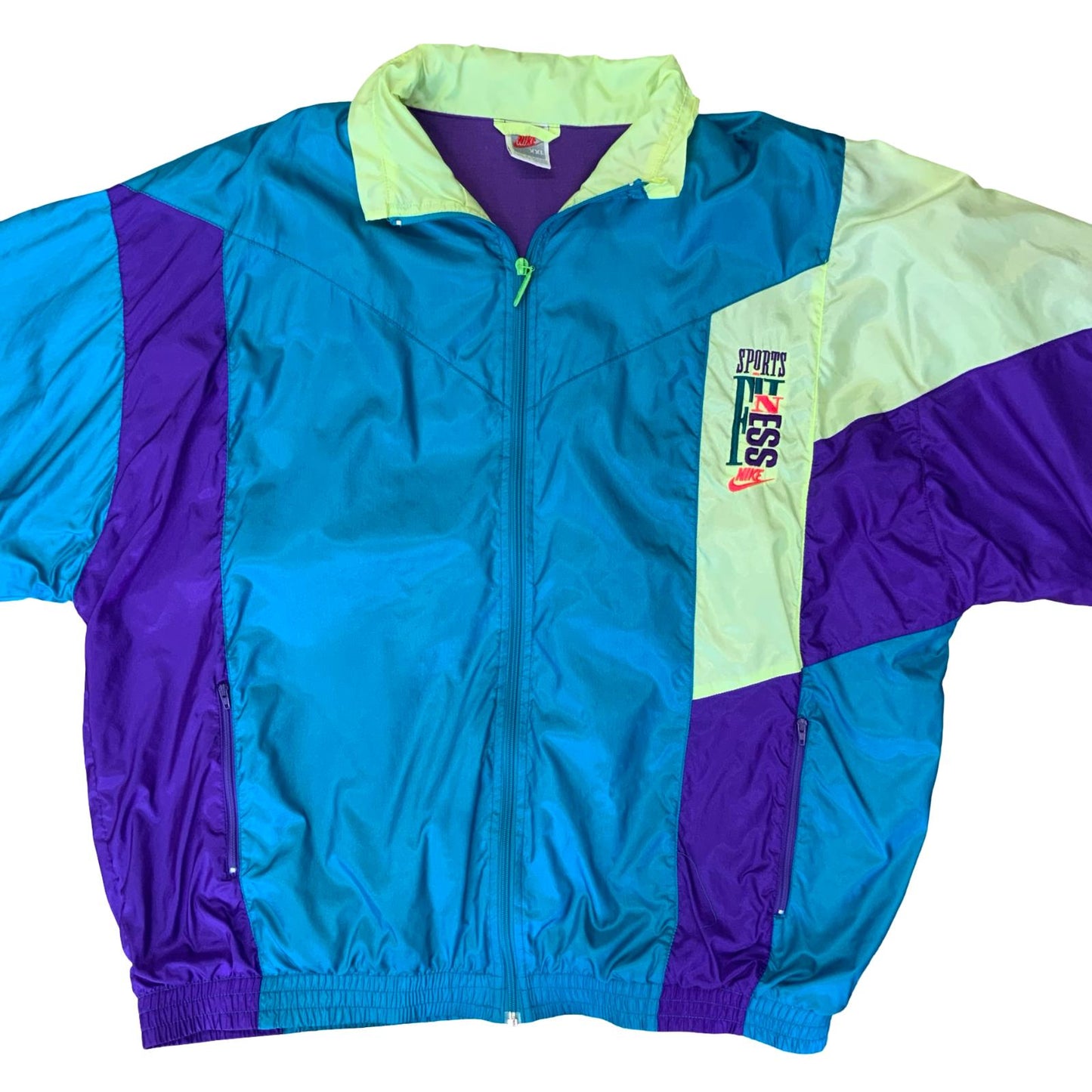 VTG 80s 90s 'NIKE' RARE BLUE GREEN PURPLE COLOUR-BLOCK WINDBREAKER JACKET 3XL