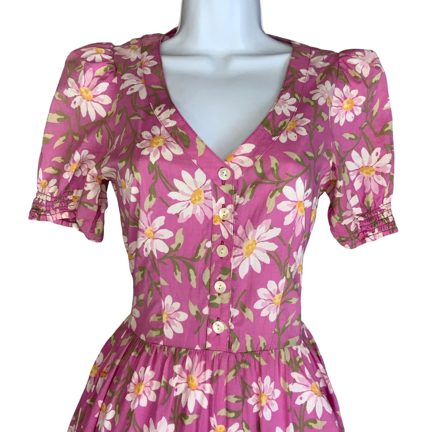VTG 80s 'LAURA ASHLEY' PINK WHITE FLORAL DAISY ROMANTIC PUFF SLEEVE MIDI DRESS S