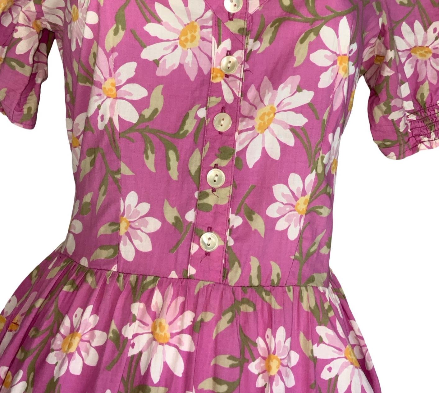 VTG 80s 'LAURA ASHLEY' PINK WHITE FLORAL DAISY ROMANTIC PUFF SLEEVE MIDI DRESS S