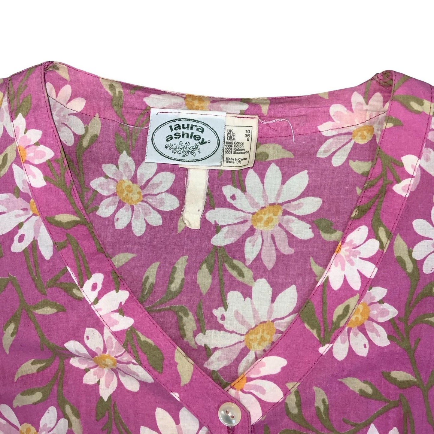VTG 80s 'LAURA ASHLEY' PINK WHITE FLORAL DAISY ROMANTIC PUFF SLEEVE MIDI DRESS S