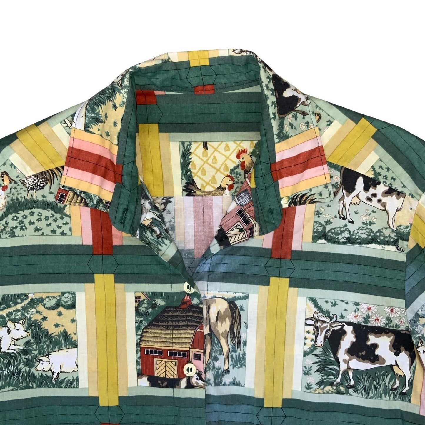 VTG HANDMADE GREEN YELLOW FARM ANIMAL GRAPHIC COW HOURSE PIG SHIRT BLOUSE M 14
