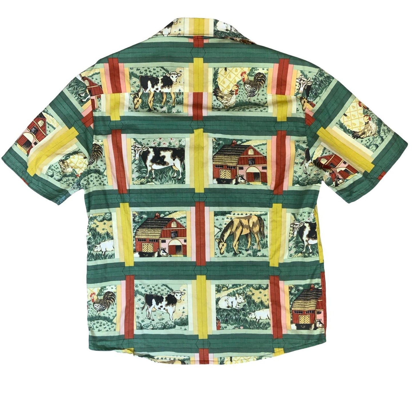 VTG HANDMADE GREEN YELLOW FARM ANIMAL GRAPHIC COW HOURSE PIG SHIRT BLOUSE M 14