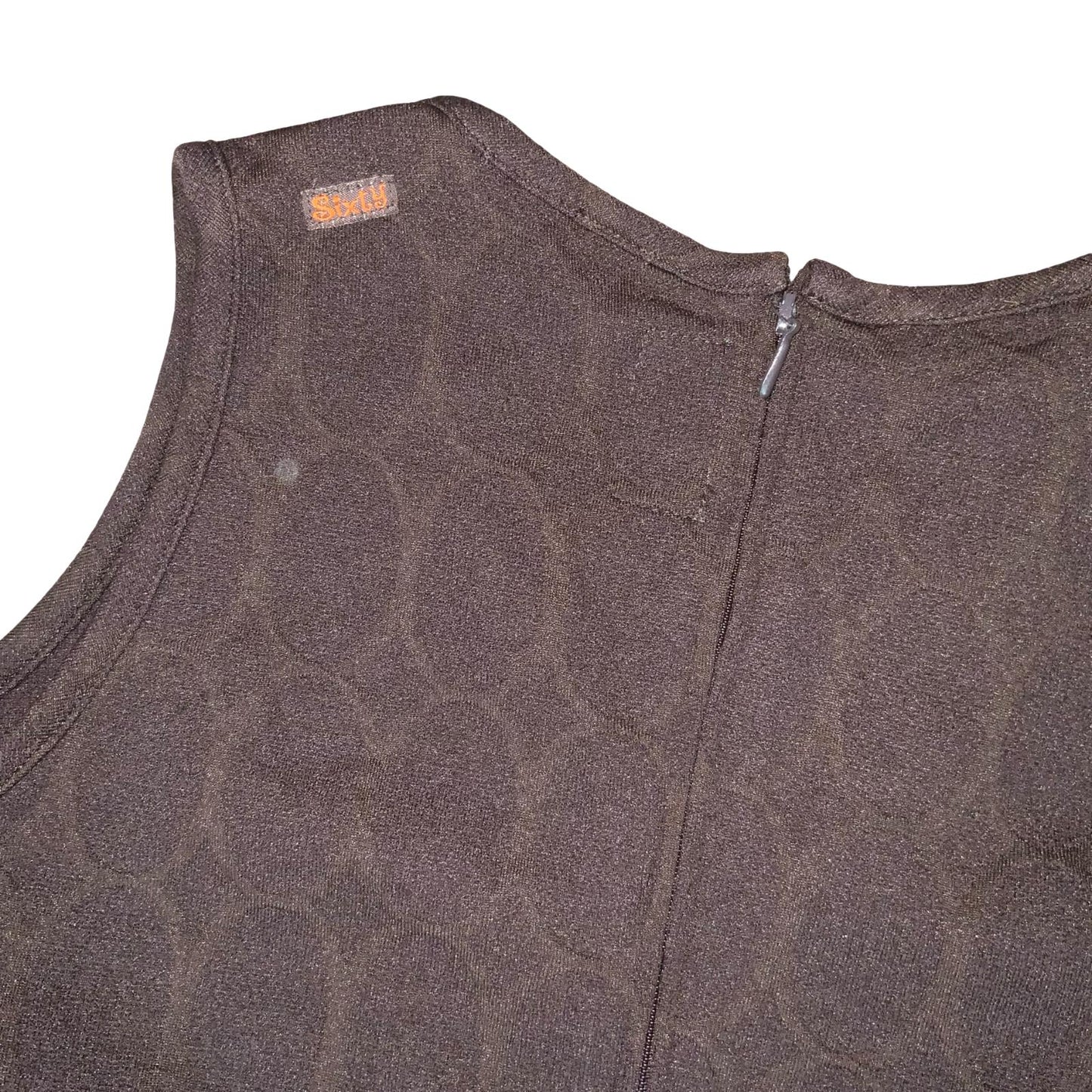 VTG 90s Y2K 'MISS SIXTY' BROWN GEOMETRIC PATTERNED MINI SLEEVELESS SHIFT DRESS S
