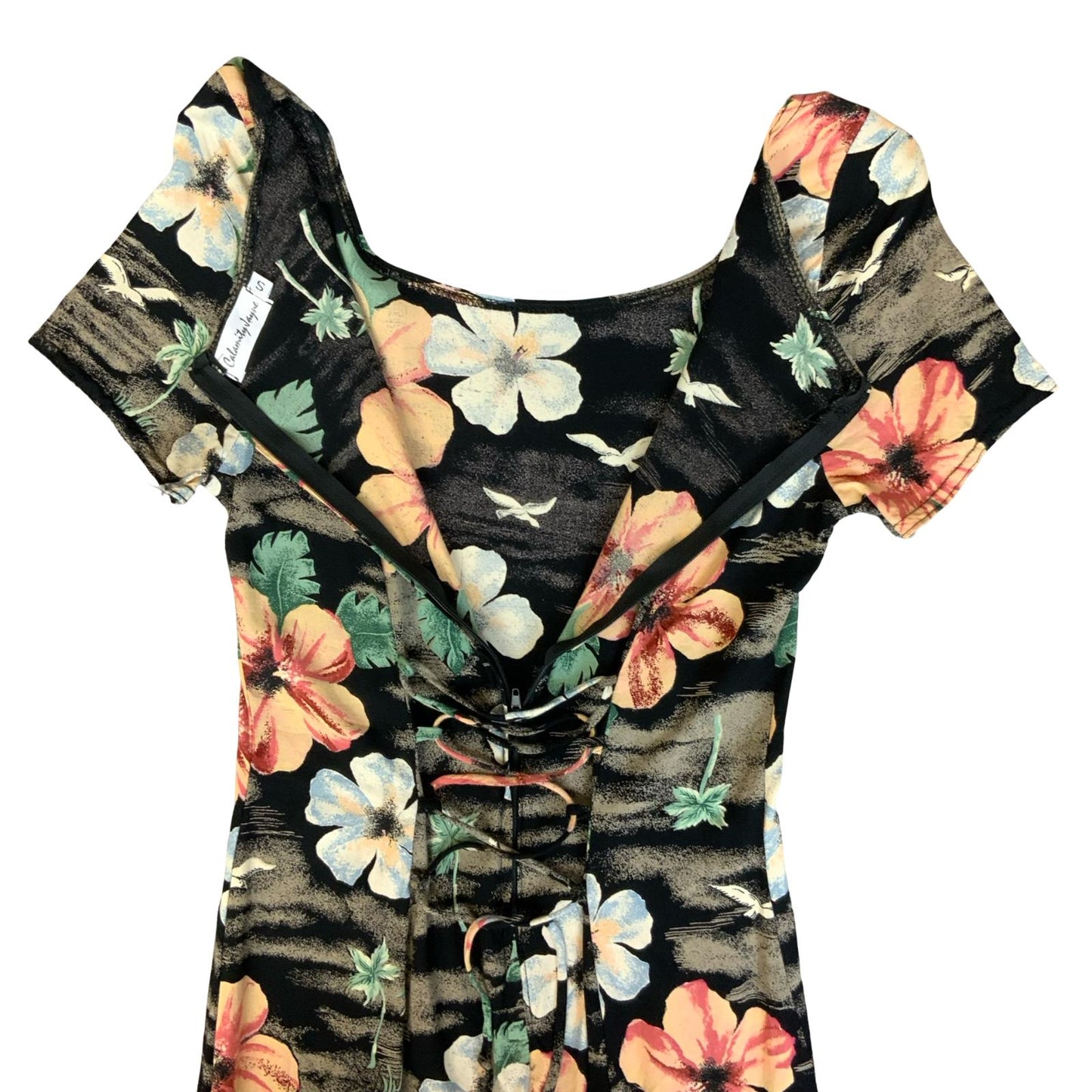 VTG 90s Y2K 'CALAMITY JAYNE' BLACK PINK FLORAL SPLIT SUMMER MAXI DRESS XS 6