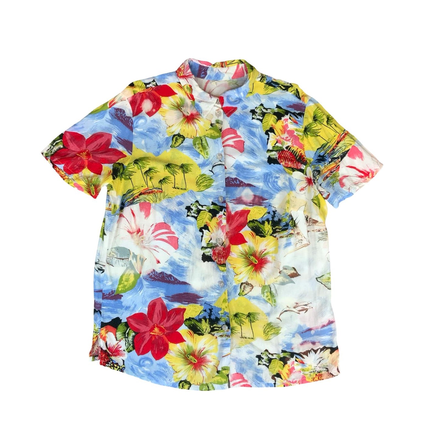 VTG 90s RED BLUE YELLOW ALOHA HAWIIAIN PRINT PALM TREE BLOUSE L 16