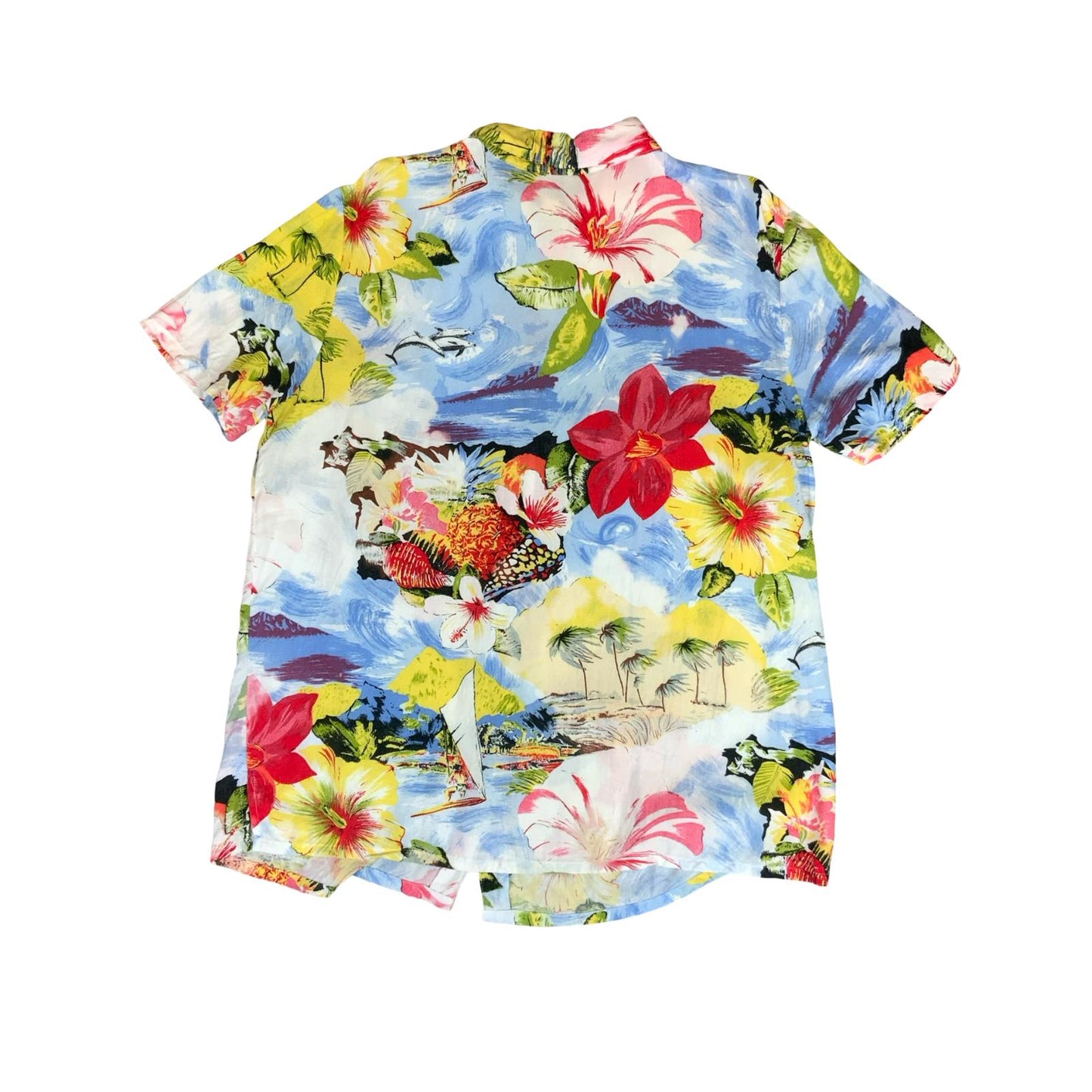 VTG 90s RED BLUE YELLOW ALOHA HAWIIAIN PRINT PALM TREE BLOUSE L 16