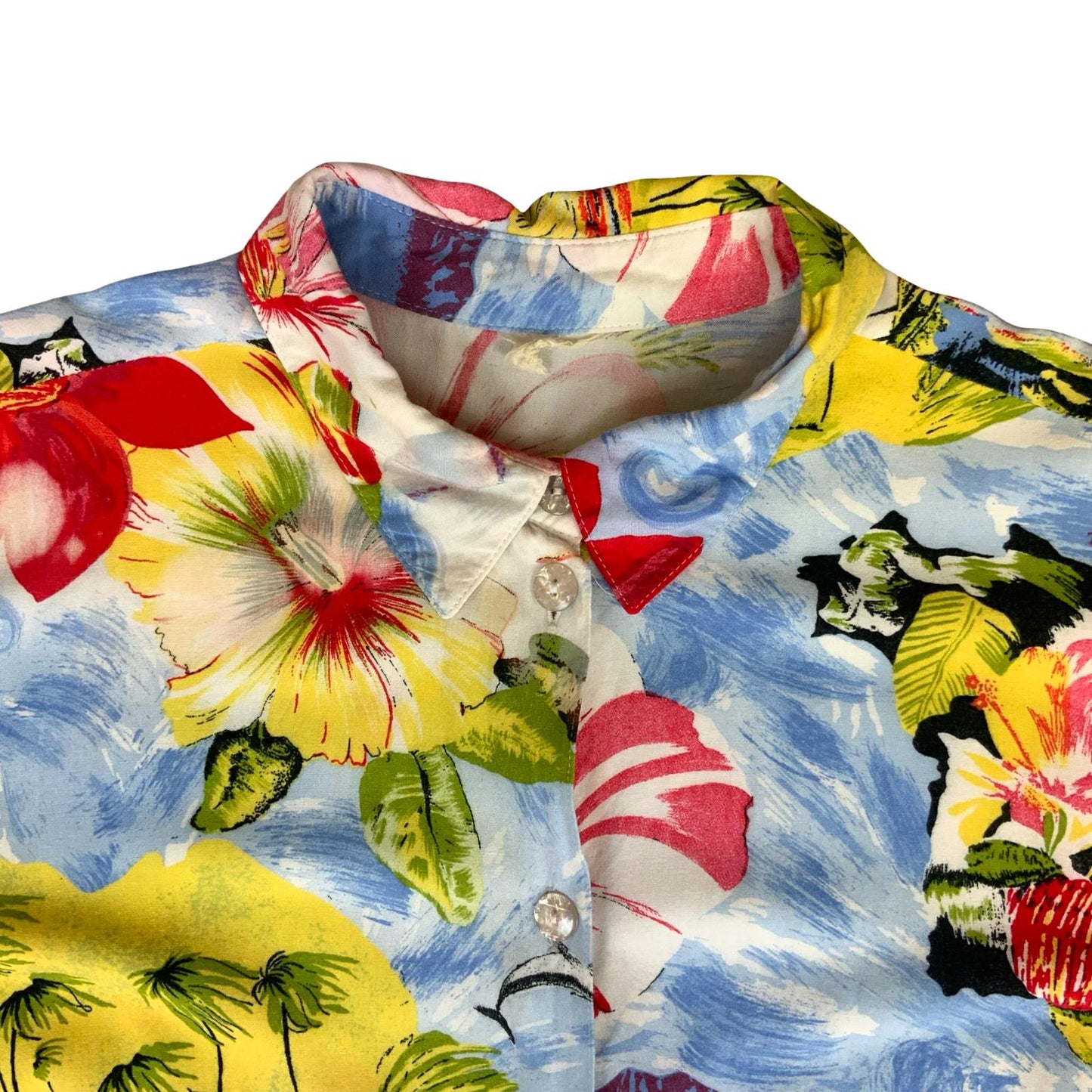 VTG 90s RED BLUE YELLOW ALOHA HAWIIAIN PRINT PALM TREE BLOUSE L 16