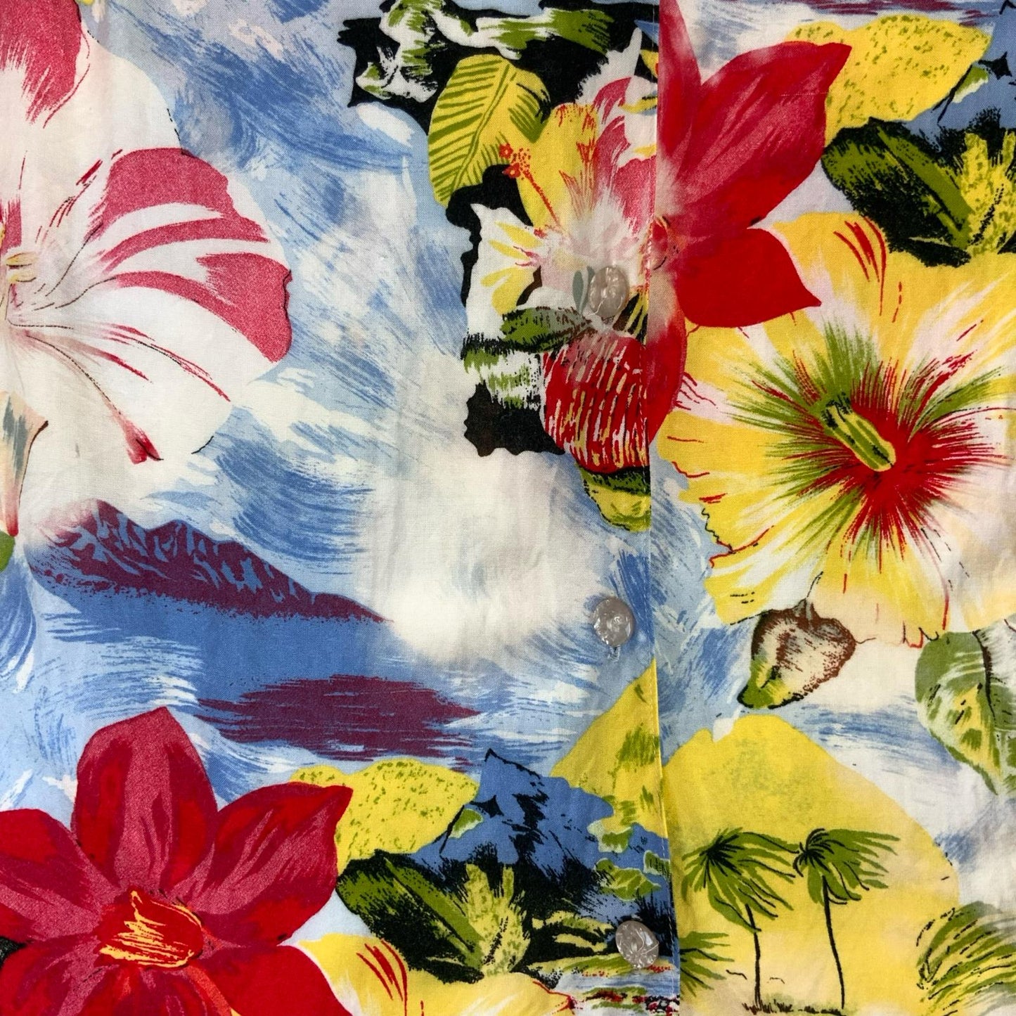 VTG 90s RED BLUE YELLOW ALOHA HAWIIAIN PRINT PALM TREE BLOUSE L 16