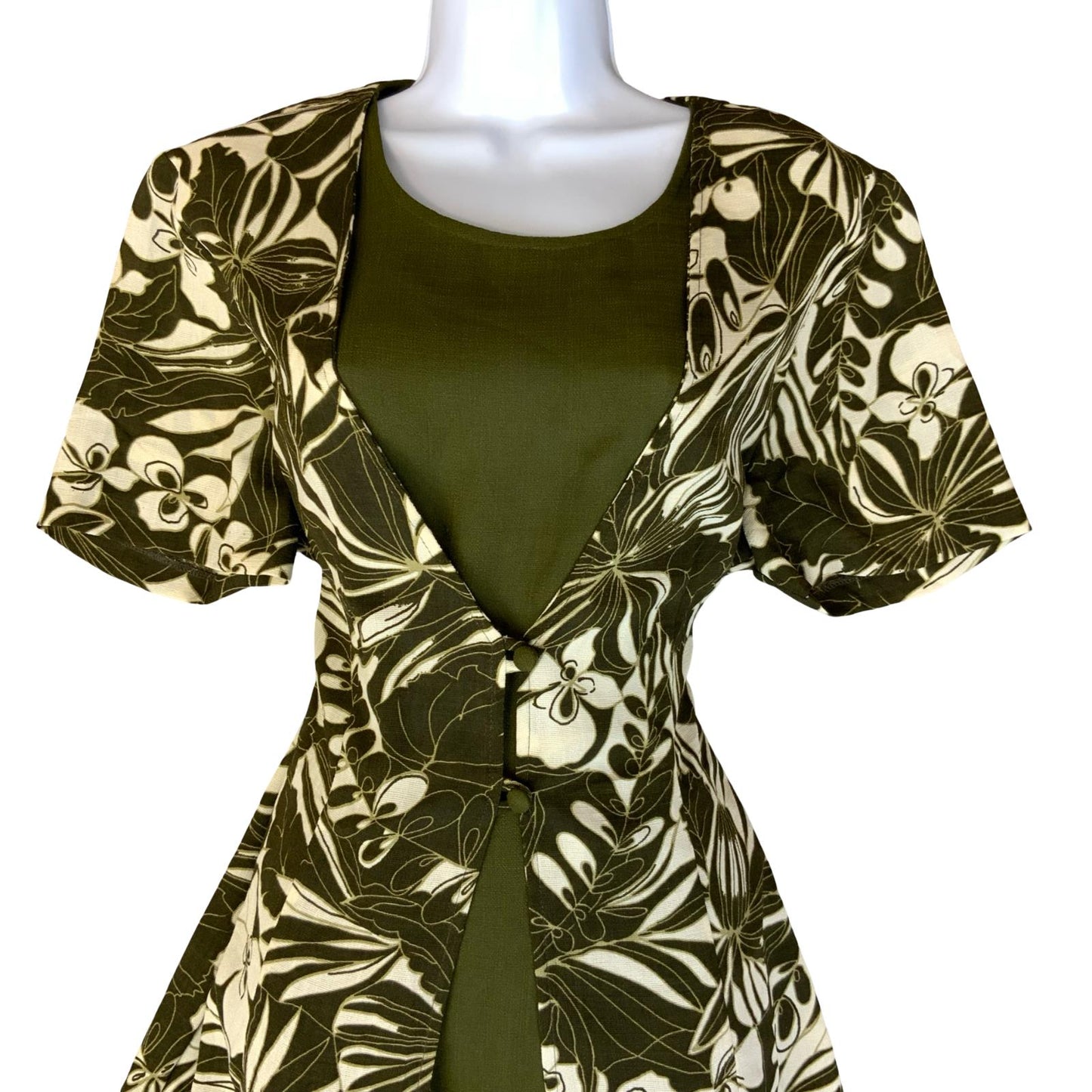 VTG 90s 'JOLIBEL' OLIVE GREEN WHITE FLORAL A-LINE LAYERED MAXI DRESS M