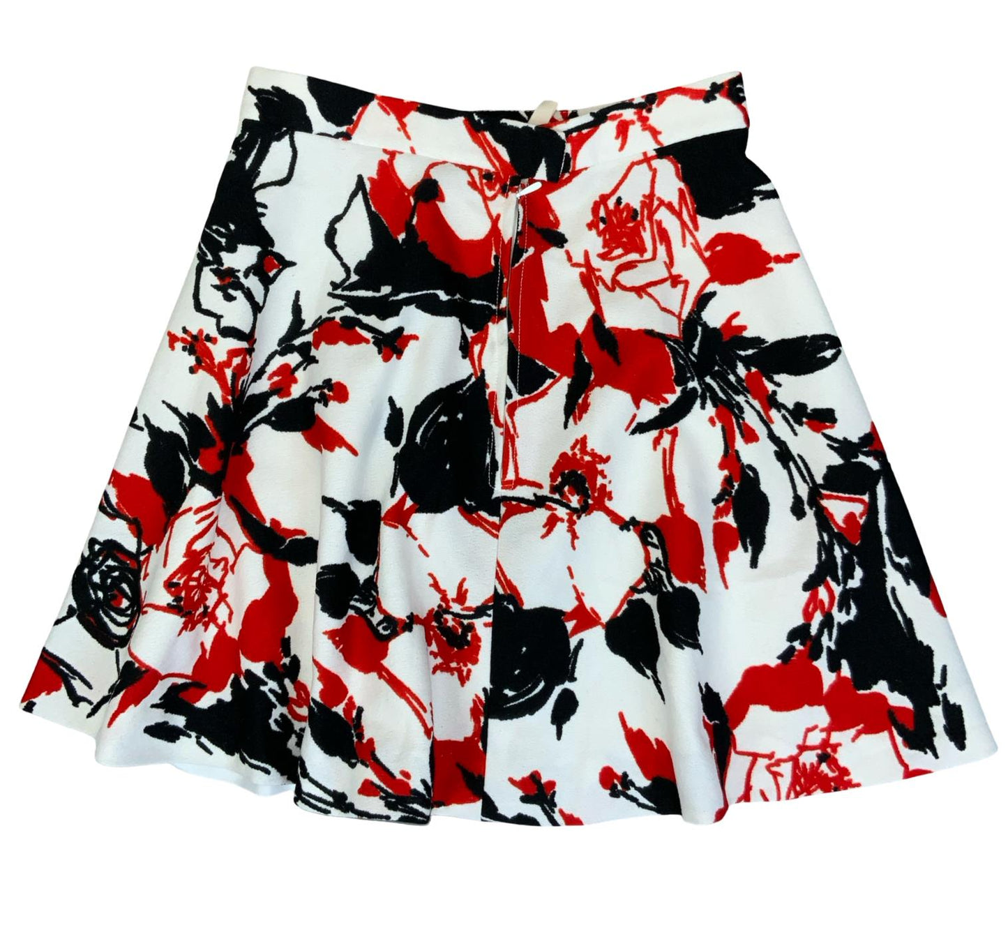 VTG 70s WHITE RED BLACK FLORAL ABSTRACT LINED MINI A-LINE SKATER SKIRT XS 4