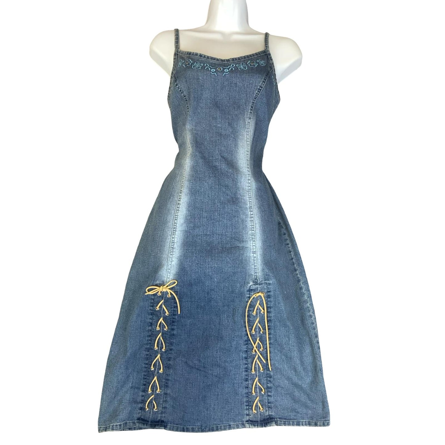 VTG 90s Y2K 'WOLF BLAT' FADED LIGHT BLUE DENIM BOHO CORSET DETAIL DRESS S 10