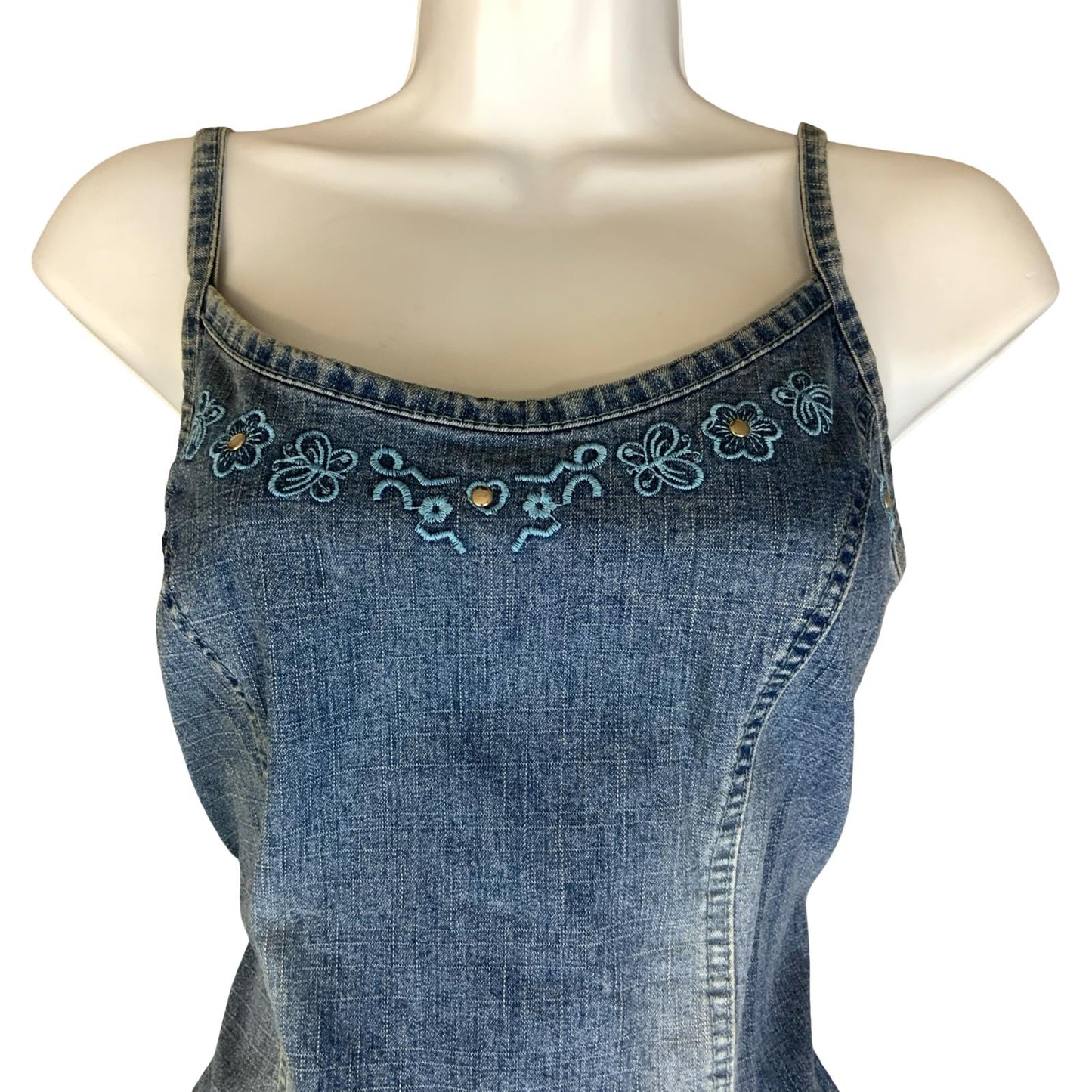 VTG 90s Y2K 'WOLF BLAT' FADED LIGHT BLUE DENIM BOHO CORSET DETAIL DRESS S 10