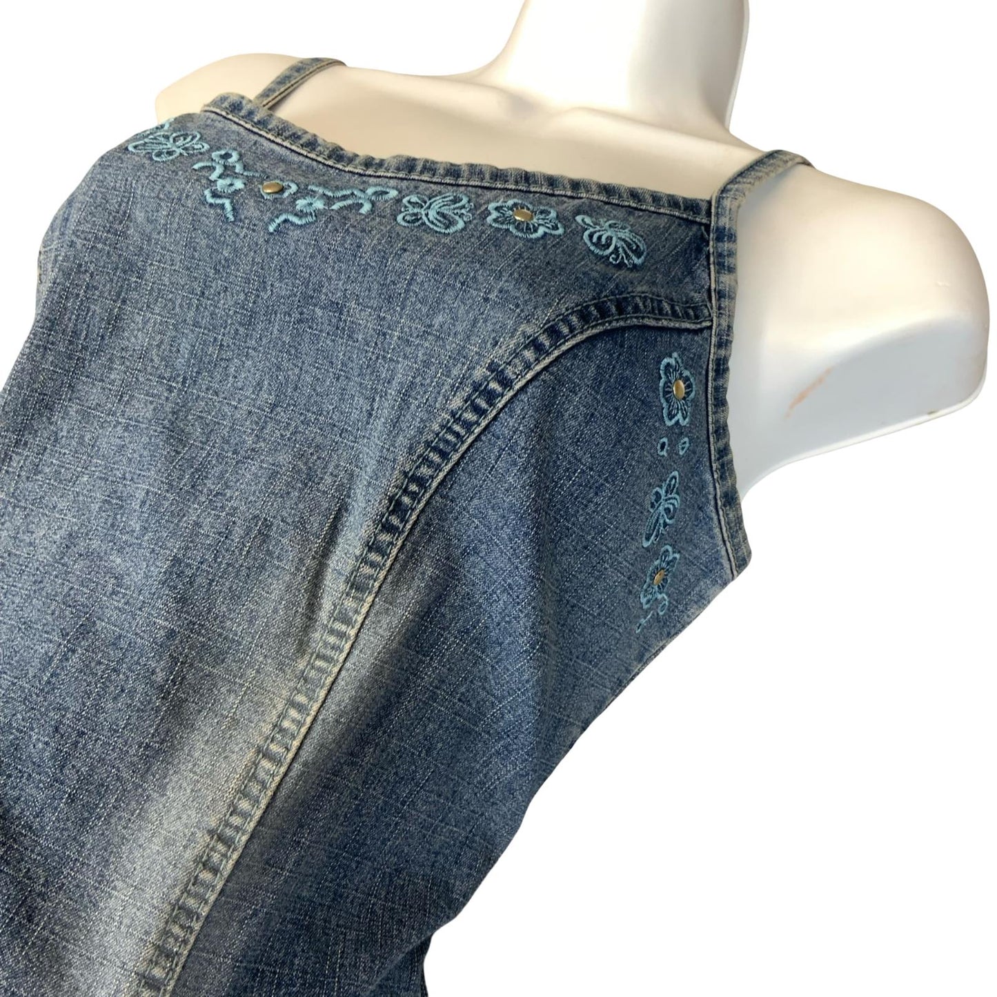 VTG 90s Y2K 'WOLF BLAT' FADED LIGHT BLUE DENIM BOHO CORSET DETAIL DRESS S 10