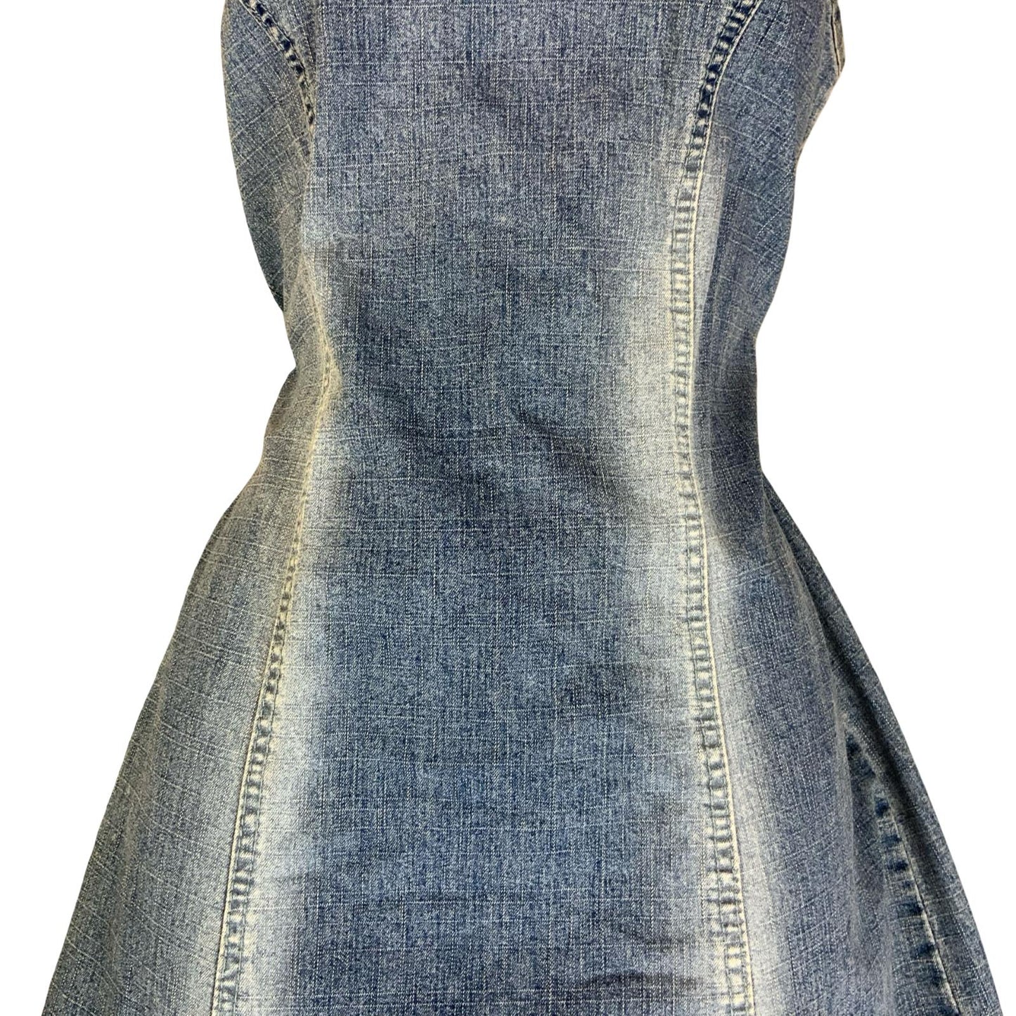 VTG 90s Y2K 'WOLF BLAT' FADED LIGHT BLUE DENIM BOHO CORSET DETAIL DRESS S 10