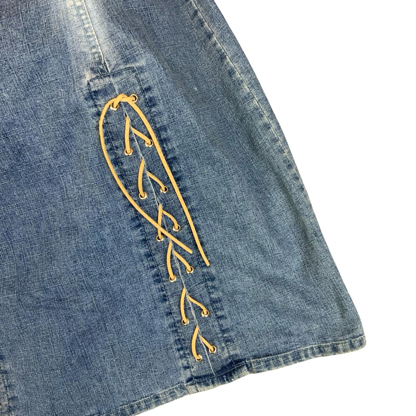 VTG 90s Y2K 'WOLF BLAT' FADED LIGHT BLUE DENIM BOHO CORSET DETAIL DRESS S 10