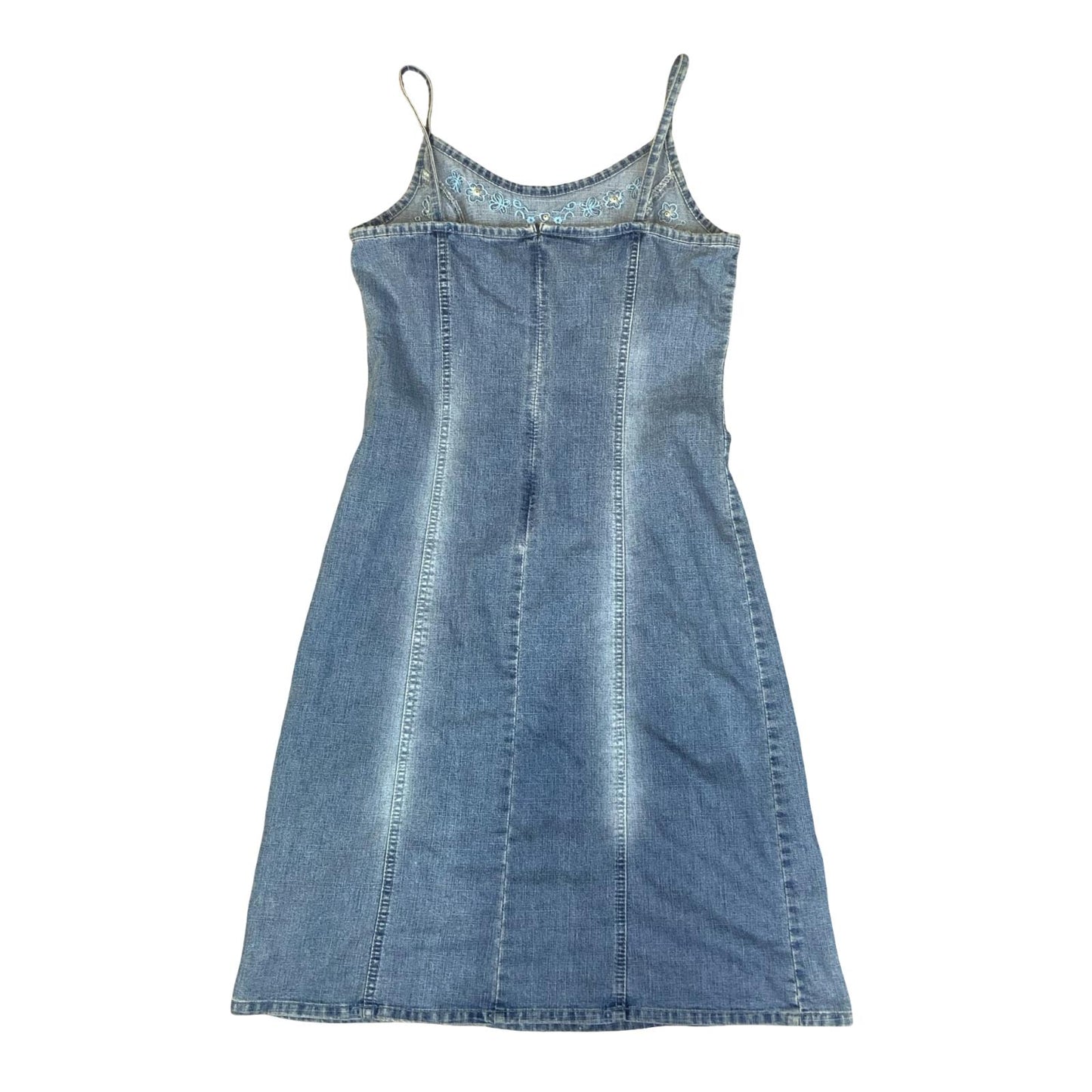 VTG 90s Y2K 'WOLF BLAT' FADED LIGHT BLUE DENIM BOHO CORSET DETAIL DRESS S 10