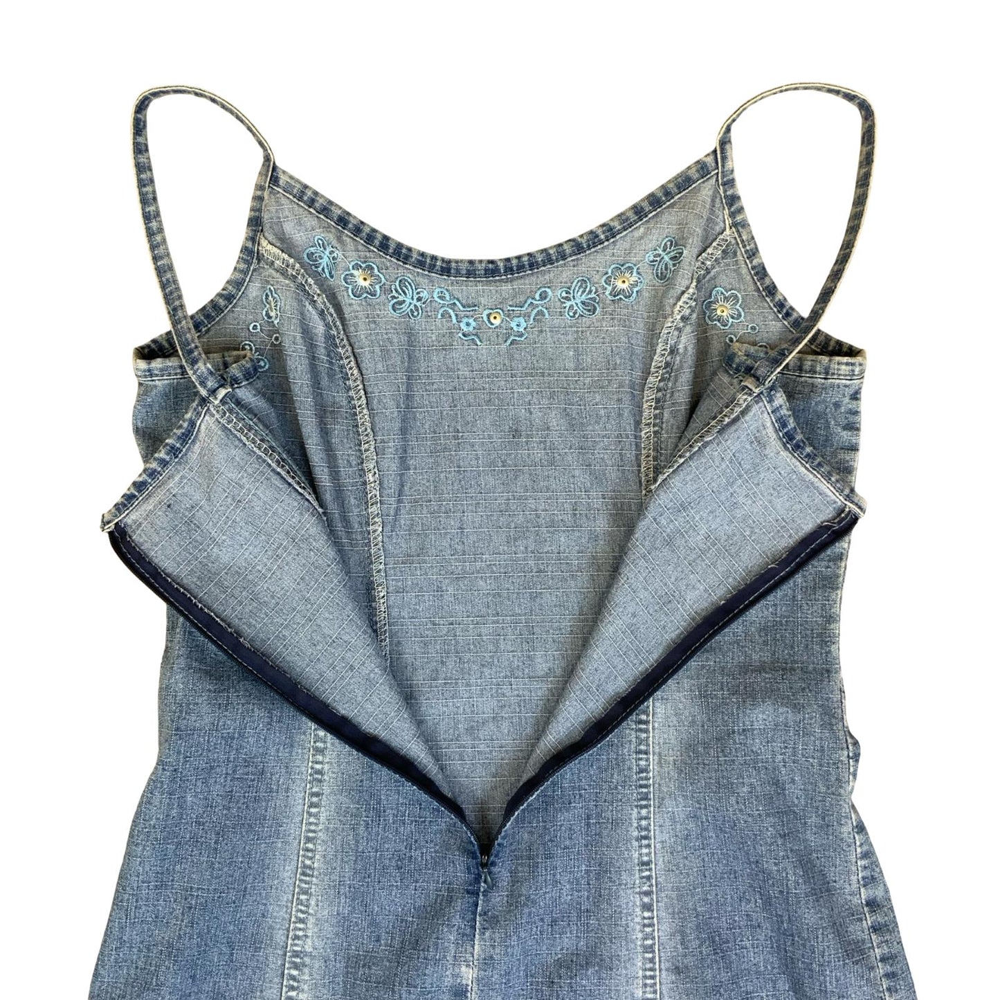 VTG 90s Y2K 'WOLF BLAT' FADED LIGHT BLUE DENIM BOHO CORSET DETAIL DRESS S 10