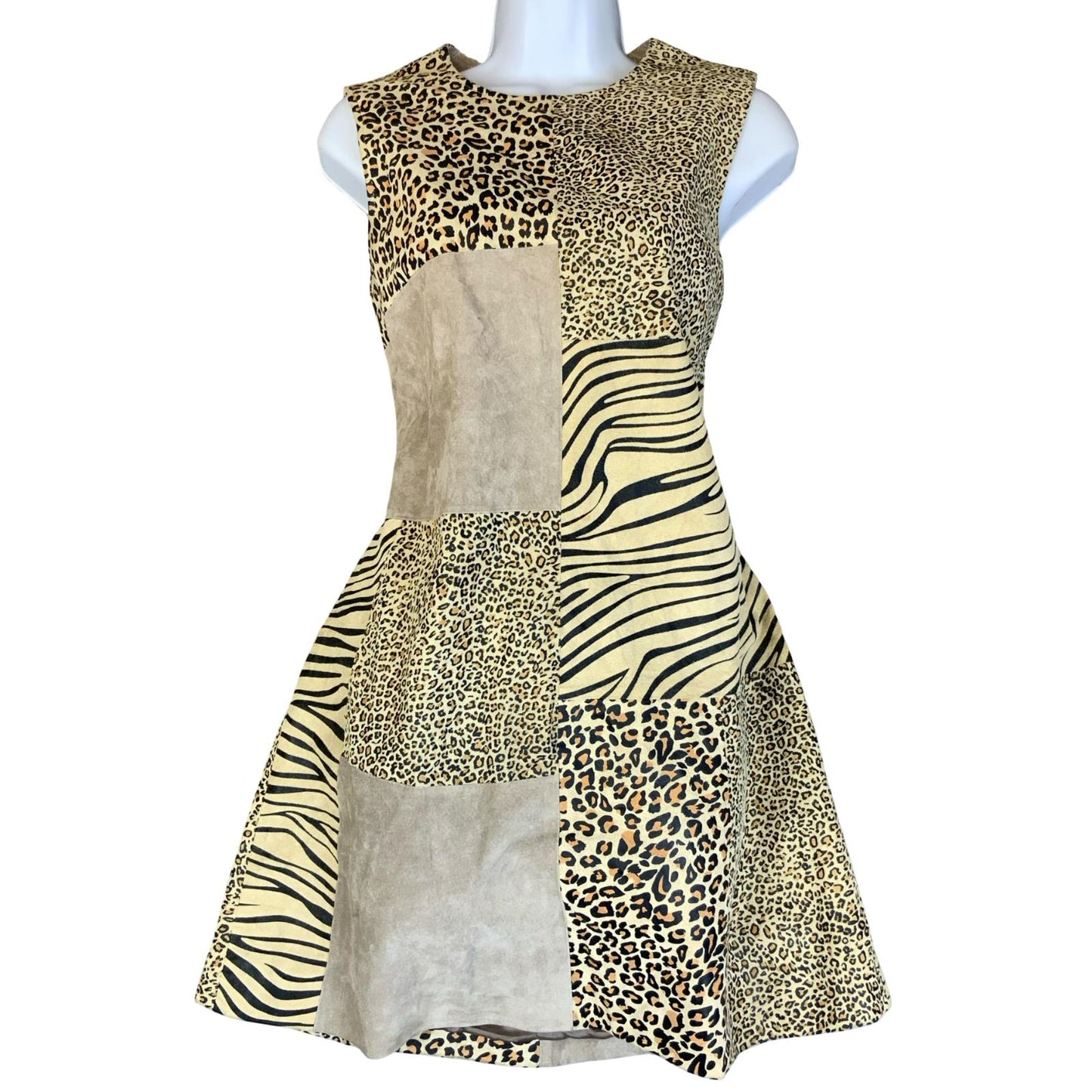 VTG 90s Y2K 'CRUSE' BEIGE SUEDE ANIMAL LEOPARD ZEBRA MINI PARTY DRESS S 10