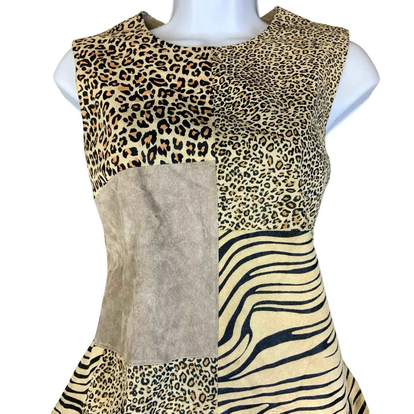 VTG 90s Y2K 'CRUSE' BEIGE SUEDE ANIMAL LEOPARD ZEBRA MINI PARTY DRESS S 10