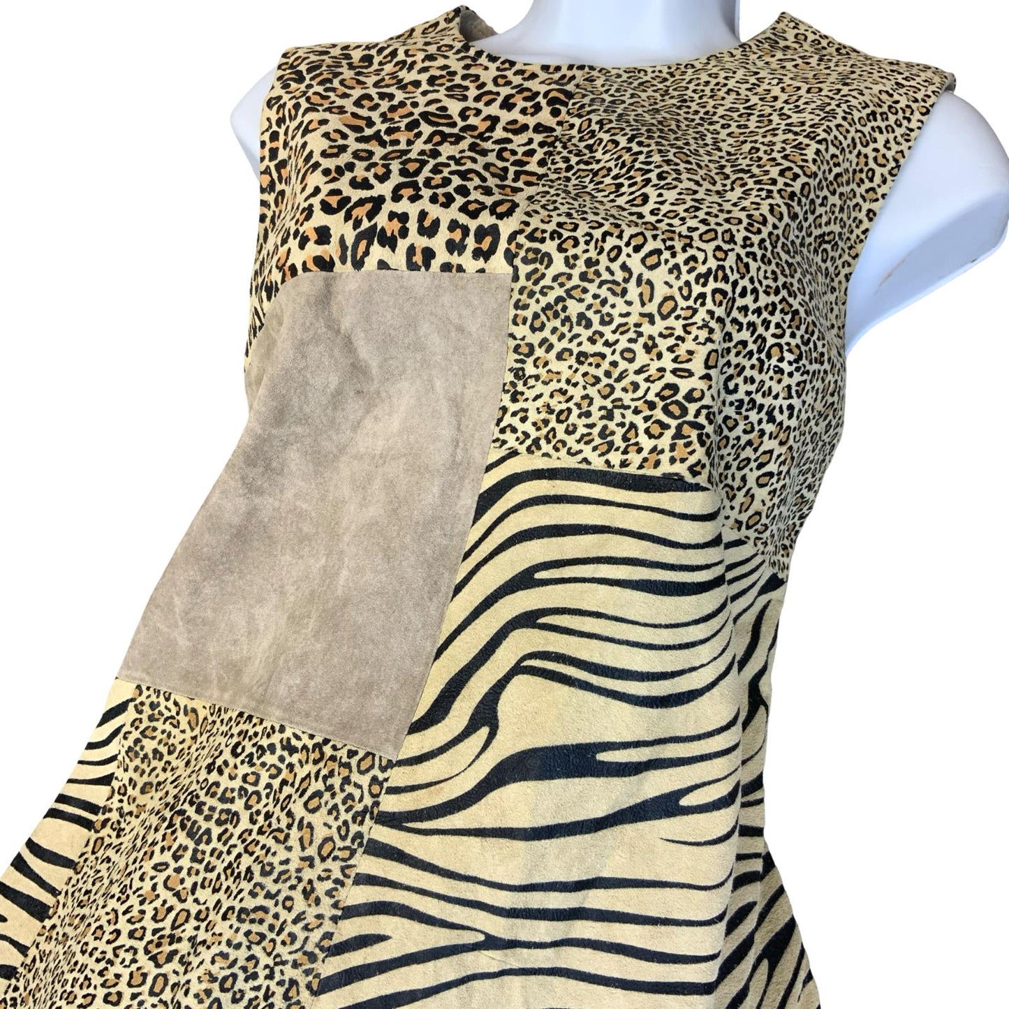 VTG 90s Y2K 'CRUSE' BEIGE SUEDE ANIMAL LEOPARD ZEBRA MINI PARTY DRESS S 10