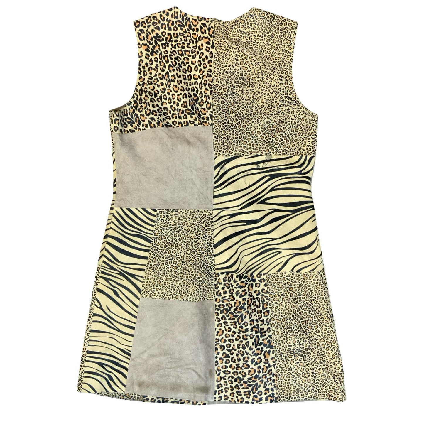VTG 90s Y2K 'CRUSE' BEIGE SUEDE ANIMAL LEOPARD ZEBRA MINI PARTY DRESS S 10