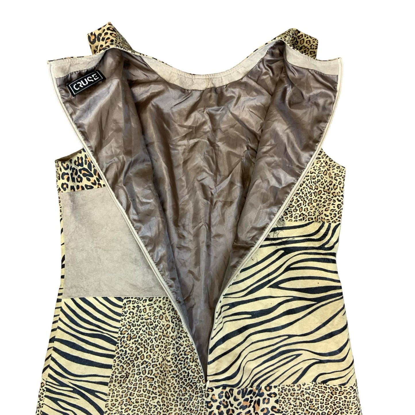 VTG 90s Y2K 'CRUSE' BEIGE SUEDE ANIMAL LEOPARD ZEBRA MINI PARTY DRESS S 10