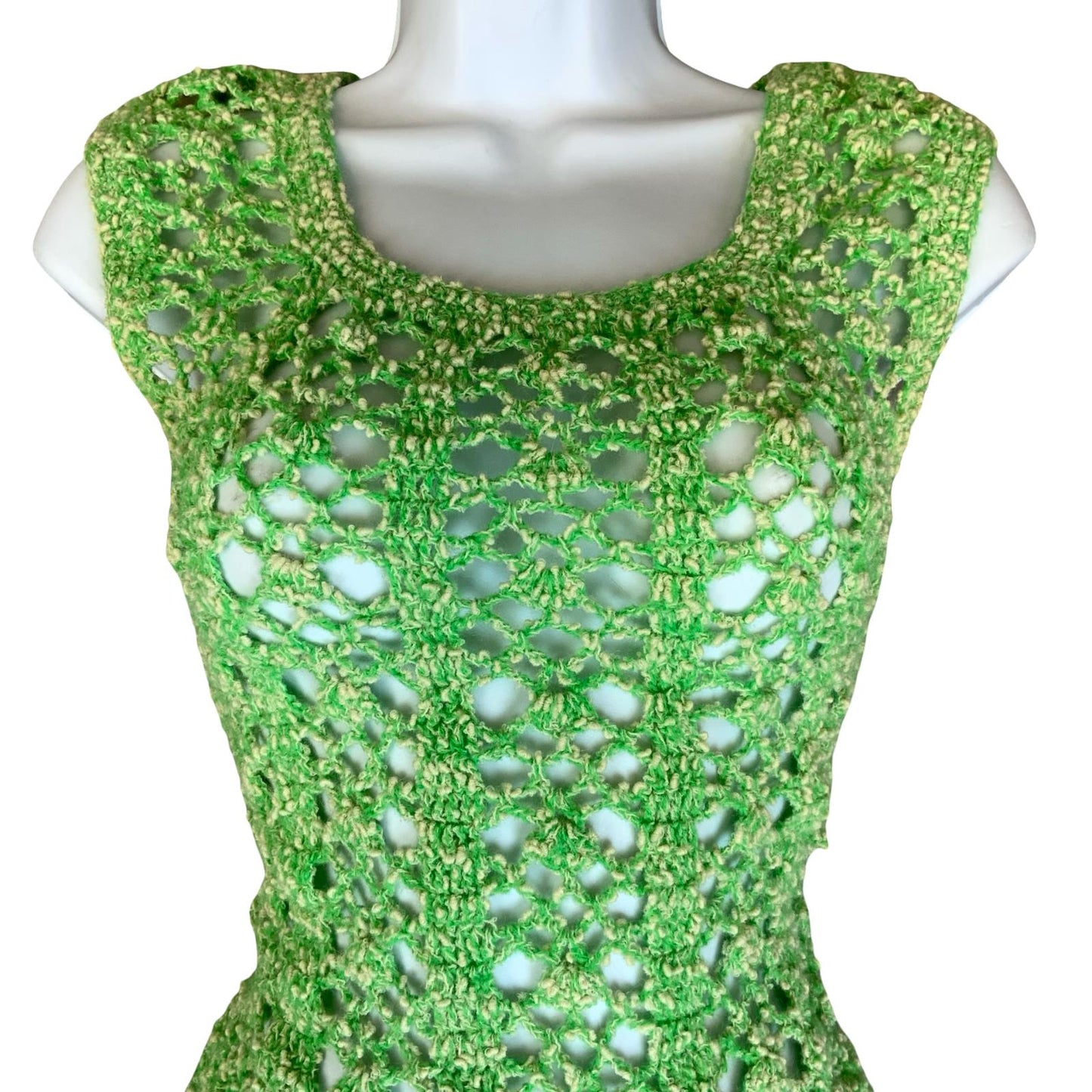 VTG 90s y2k GREEN CROCHET BEACH PARTY SUMMER TUNIC MINI FITTED DRESS SMALL 8